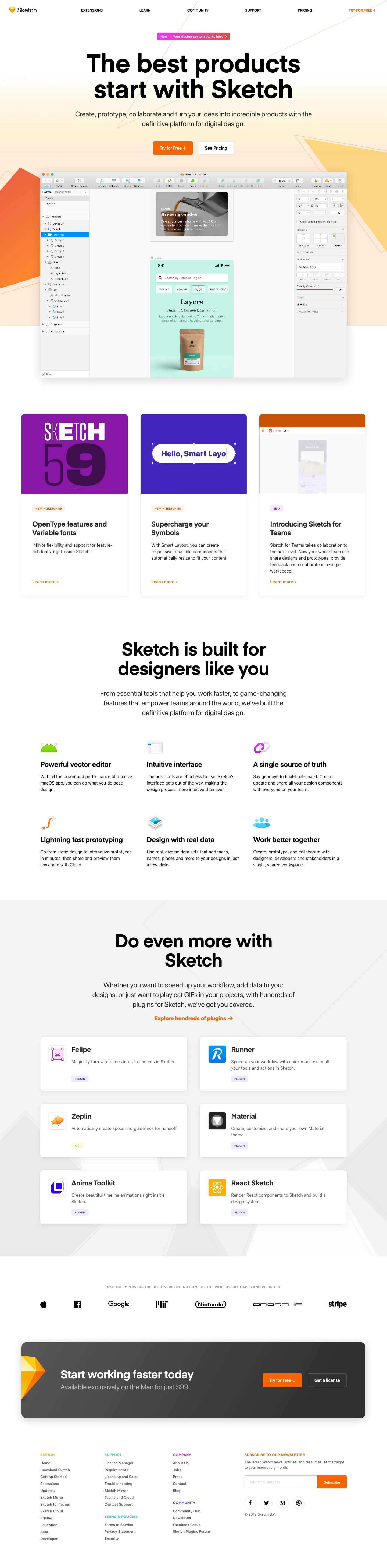 Sketch Landing Page Example: Sketch is a design toolkit built to help you create your best work — from your earliest ideas, through to final artwork. Create, prototype, collaborate and turn your ideas into incredible products with the definitive platform for digital design.