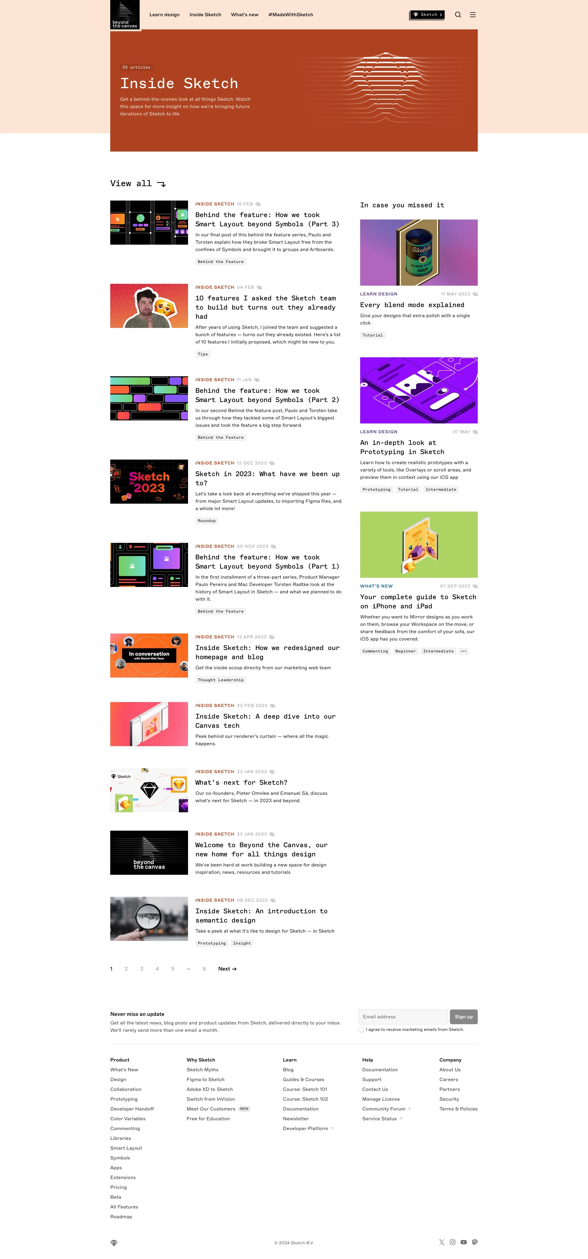 Sketch Blog Landing Page Example: Welcome to Beyond the Canvas from Sketch — get the latest design news, inspiration, resources and tutorials from a global team of design experts.
