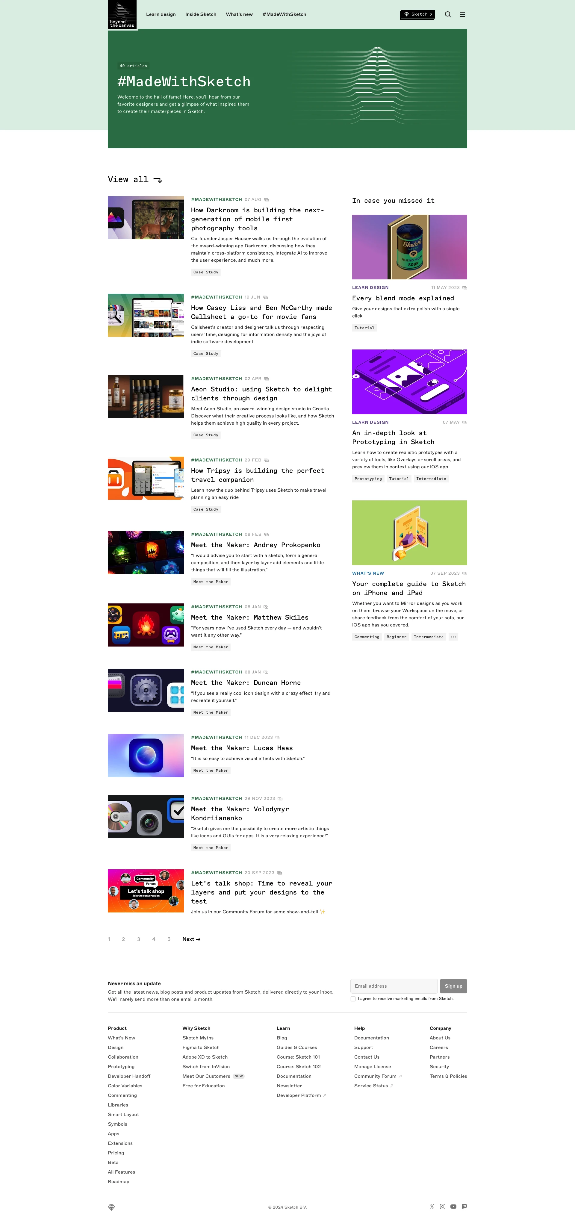 Sketch Blog Landing Page Example: Welcome to Beyond the Canvas from Sketch — get the latest design news, inspiration, resources and tutorials from a global team of design experts.