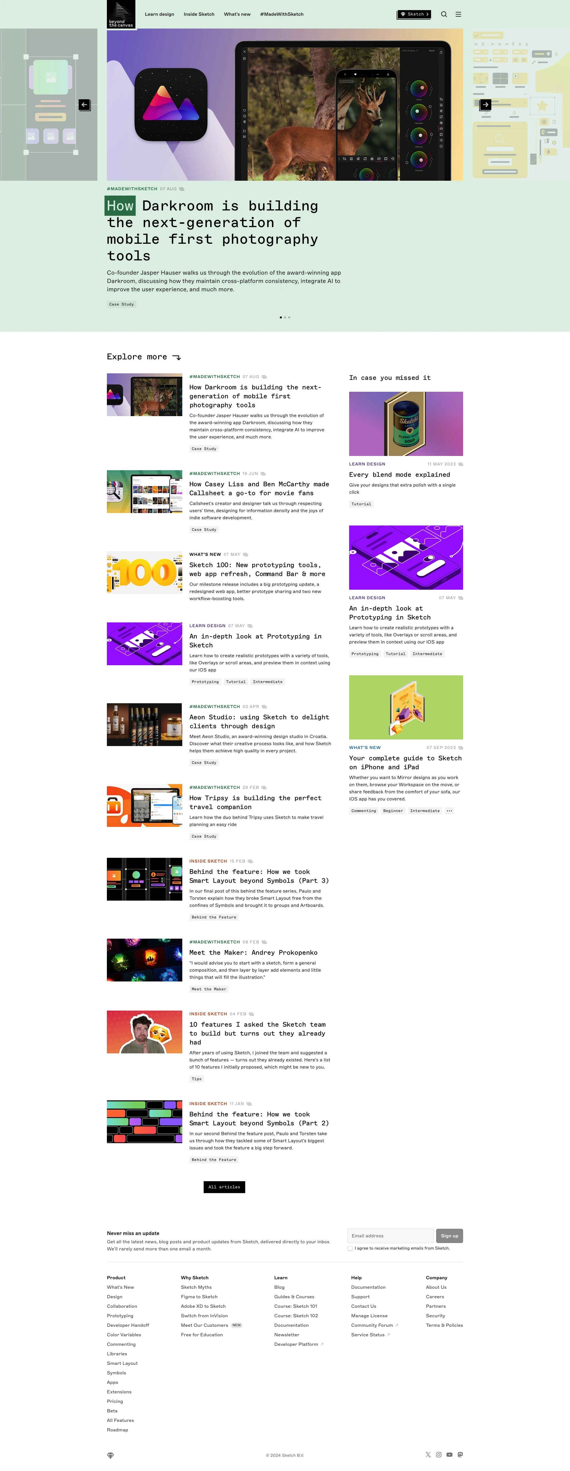 Sketch Blog Landing Page Example: Welcome to Beyond the Canvas from Sketch — get the latest design news, inspiration, resources and tutorials from a global team of design experts.