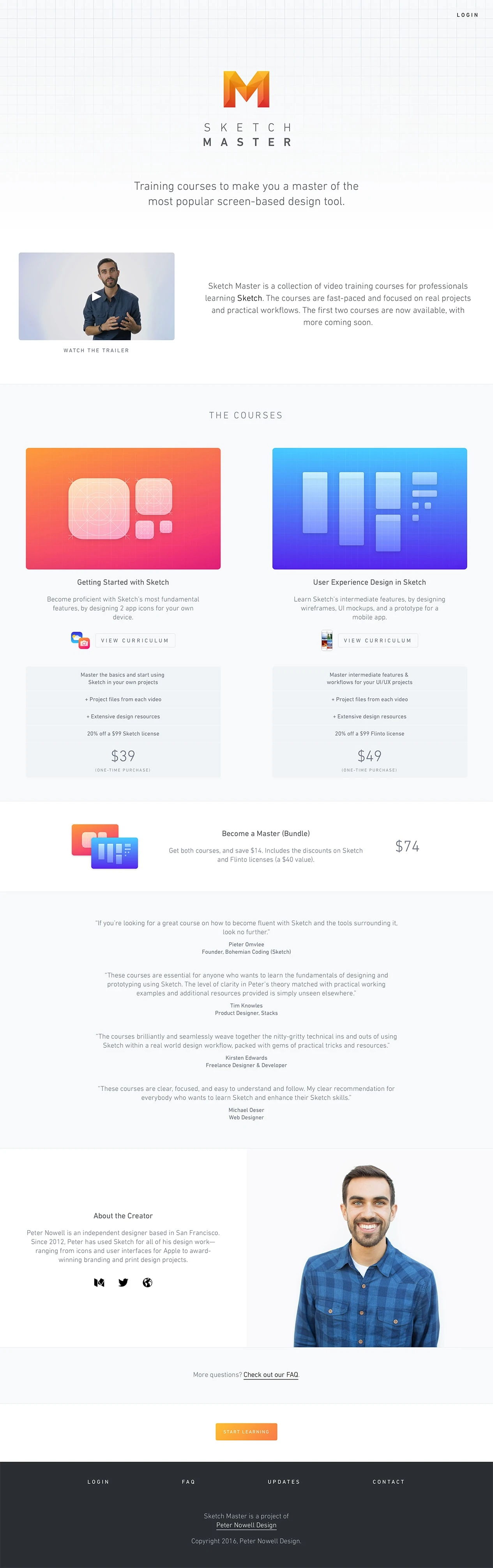 Sketch Master Landing Page Example: Sketch Master is a collection of video training courses for professionals learning Sketch. The courses are fast-paced and focused on real projects and practical workflows