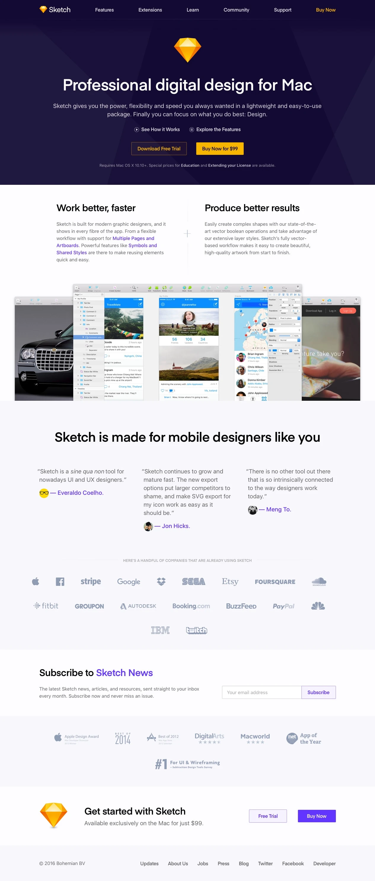 Sketch Landing Page Example: Sketch gives you the power, flexibility and speed you always wanted in a lightweight and easy-to-use package. Finally you can focus on what you do best: Design.