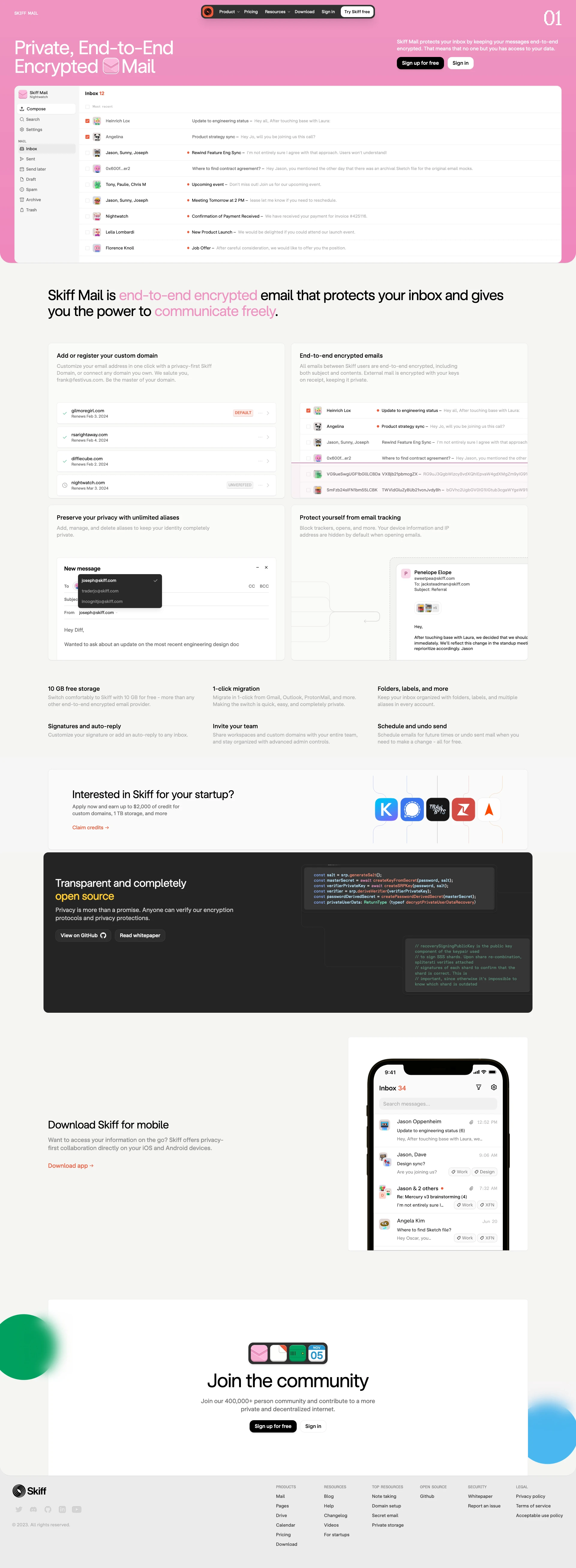 Skiff Landing Page Example: Skiff is the privacy-first workspace for free thinkers. End-to-end encrypted email, calendar, documents, and files that give you the power to communicate freely.