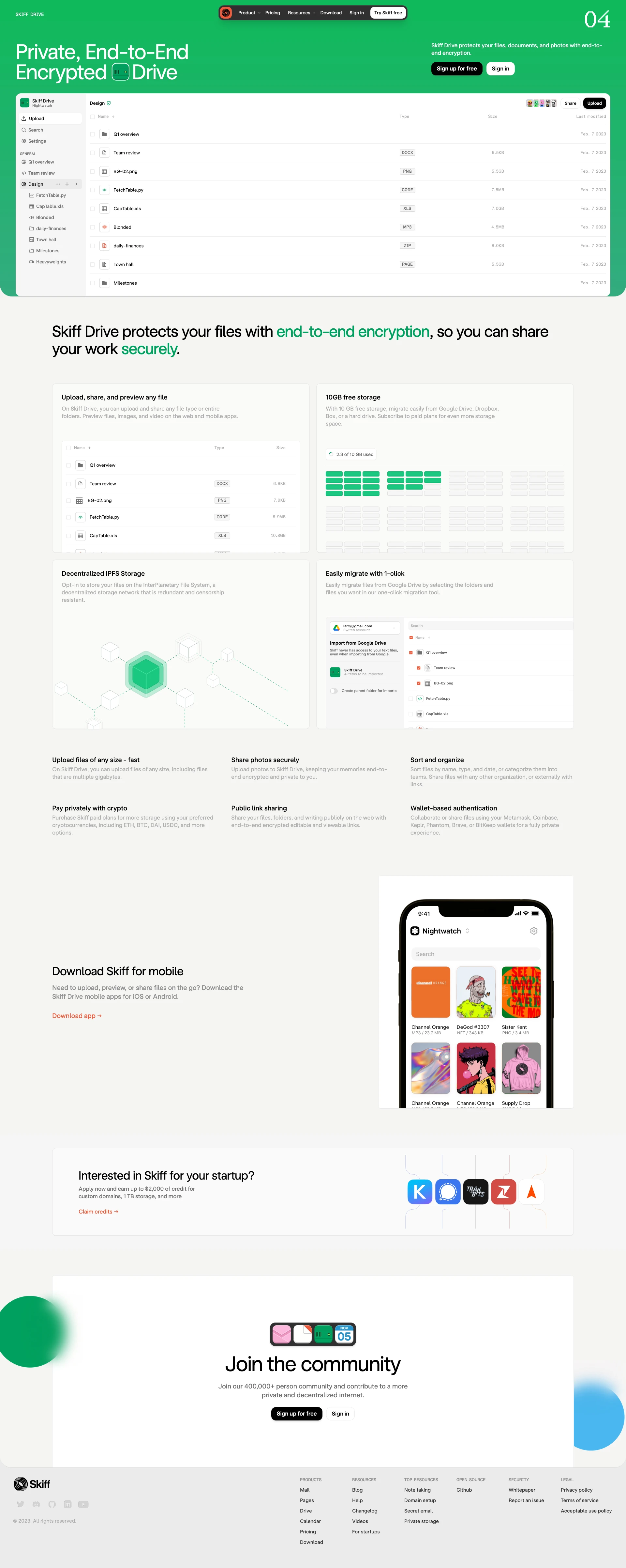 Skiff Landing Page Example: Skiff is the privacy-first workspace for free thinkers. End-to-end encrypted email, calendar, documents, and files that give you the power to communicate freely.
