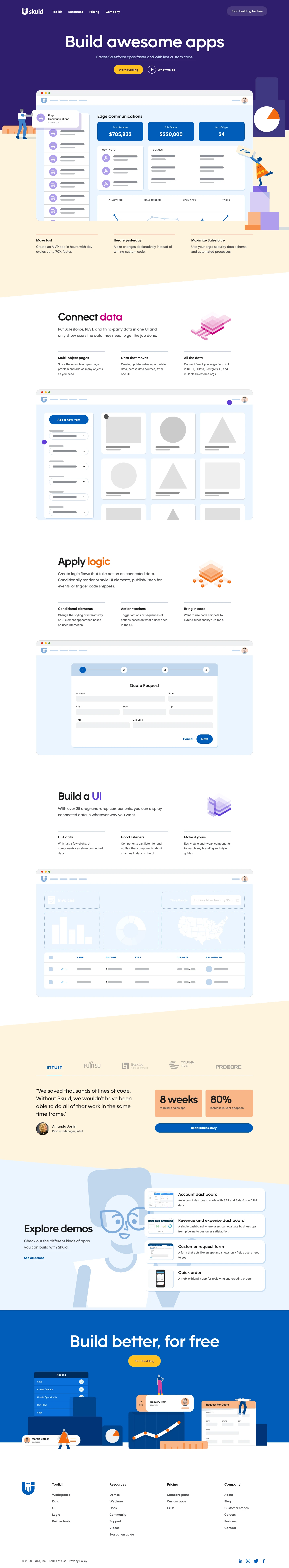 Skuid Landing Page Example: Skuid is a UI/UX toolkit for Salesforce that helps businesses build apps faster with a lot less code.
