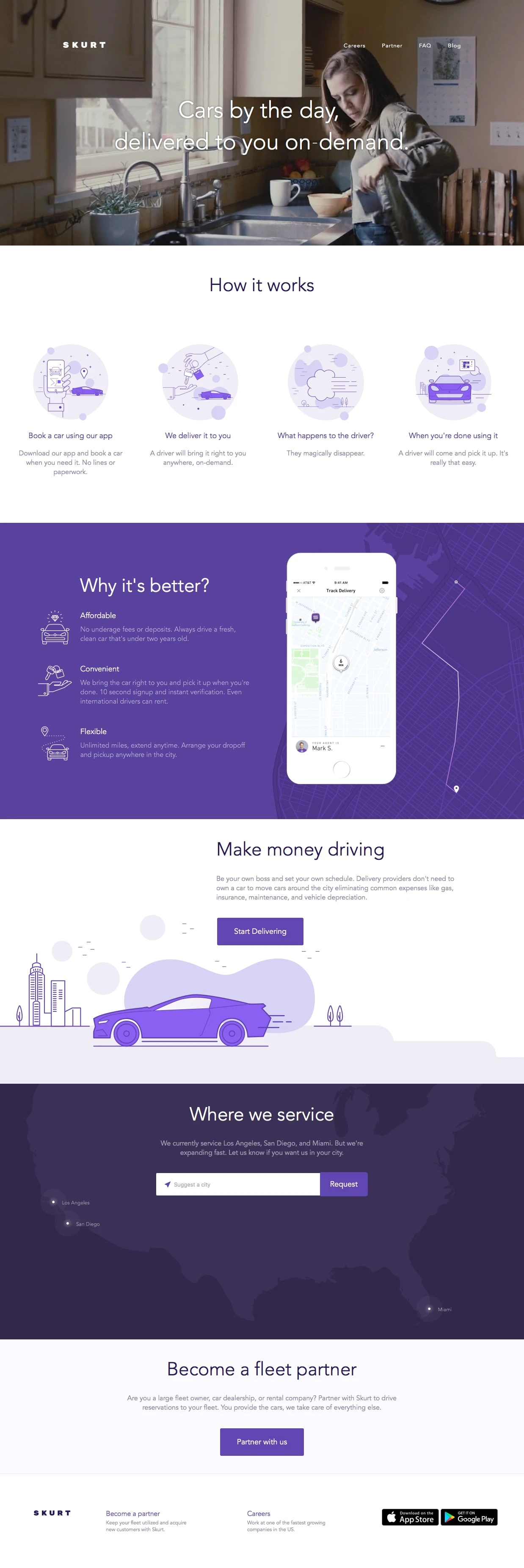 Skurt Landing Page Example: Skurt is the fastest and easiest way to rent a car. Say goodbye to long lines and paperwork. We'll deliver the car right to you.