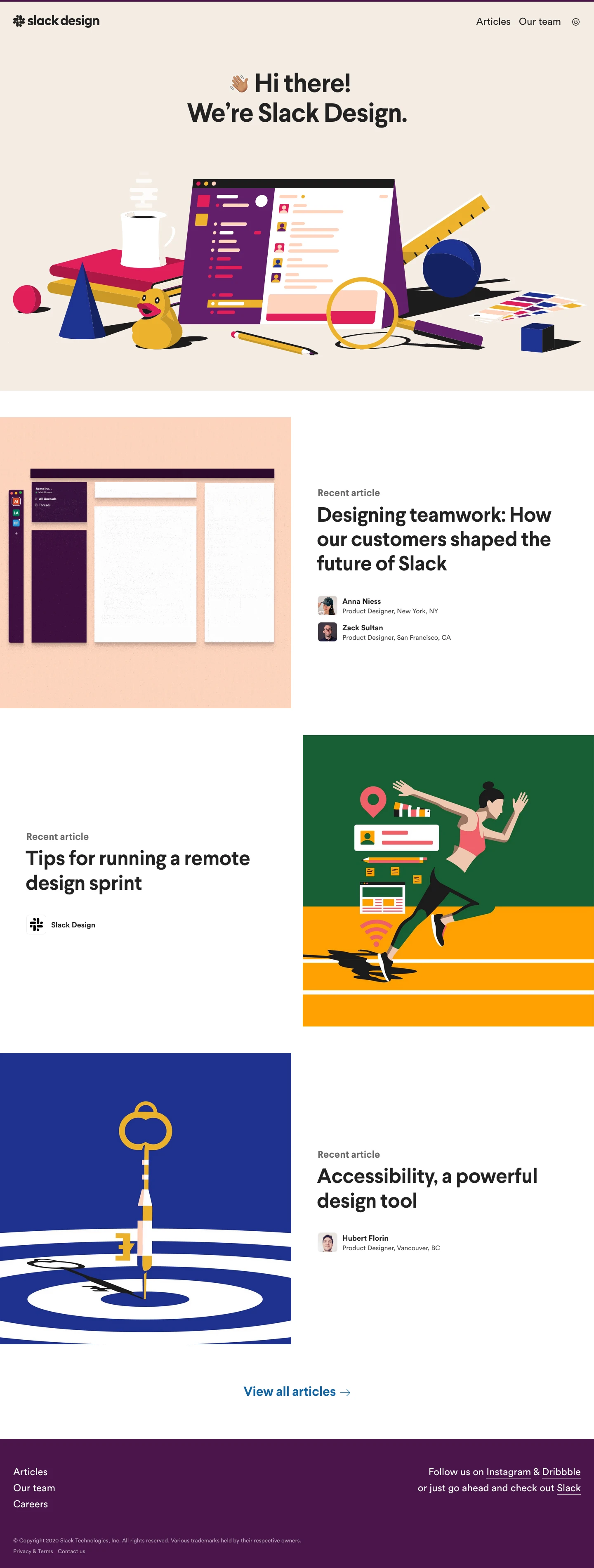 Slack Design Landing Page Example: A collection of articles and resources from the design team at Slack.