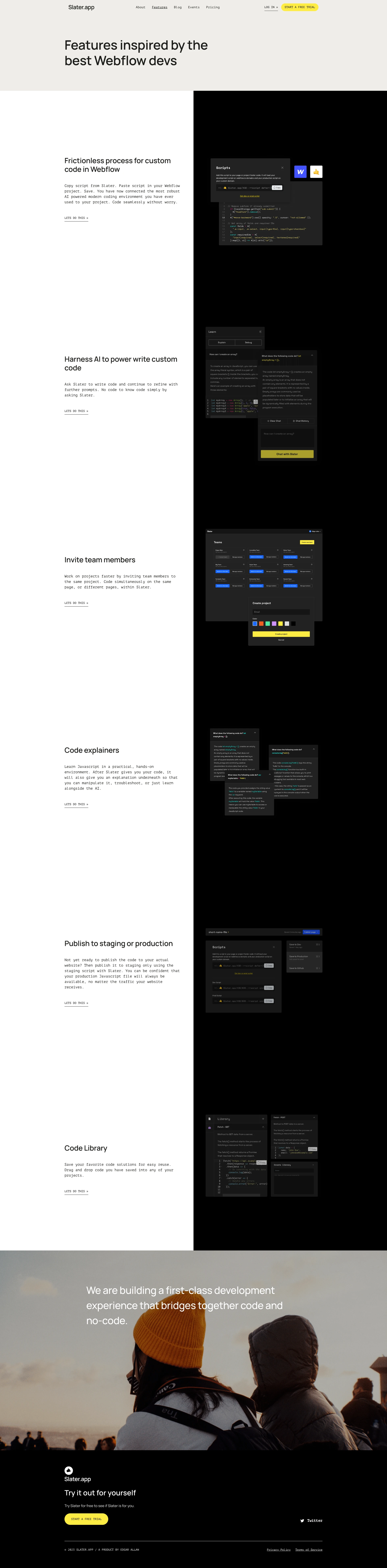 Slater Landing Page Example: The scripting layer for Webflow powered by AI. Turn no-code.. into know-code. Slater is an modern coding environment with an inbuilt AI tool. Get custom code quickly with no character limits.