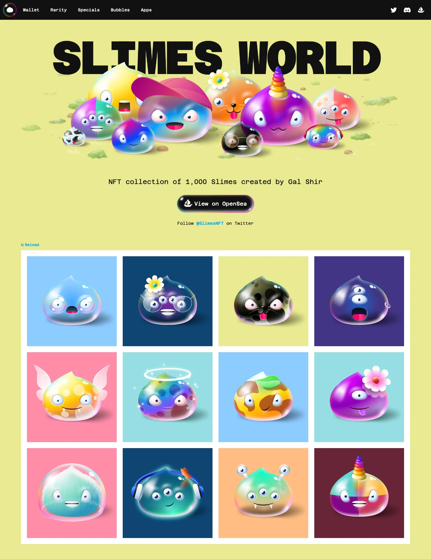 Slimes World Landing Page Example: NFT collection of 1,000 Slimes created by Gal Shir.