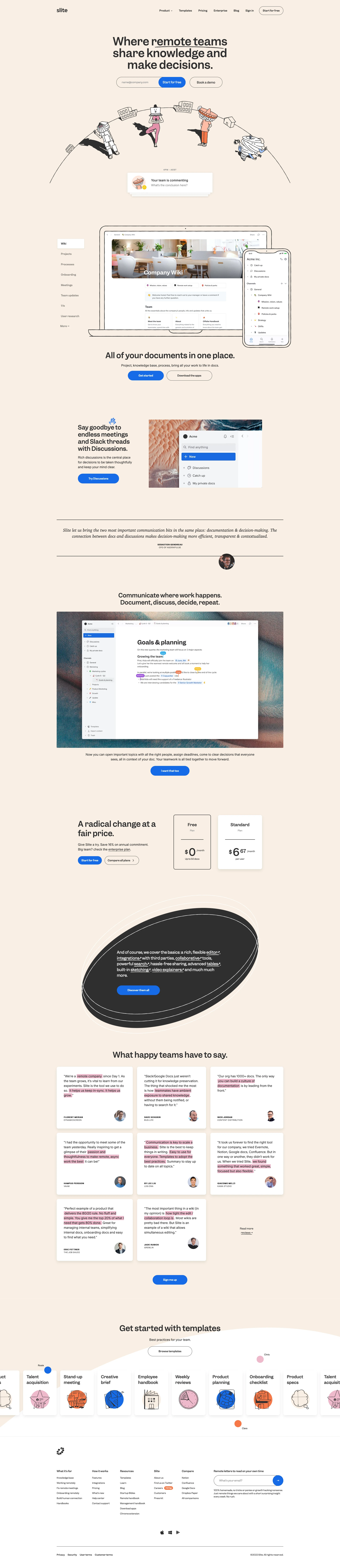Slite Landing Page Example: Slite brings together your team’s working docs and important discussions. Move projects faster, work more asynchronously and feel connected.