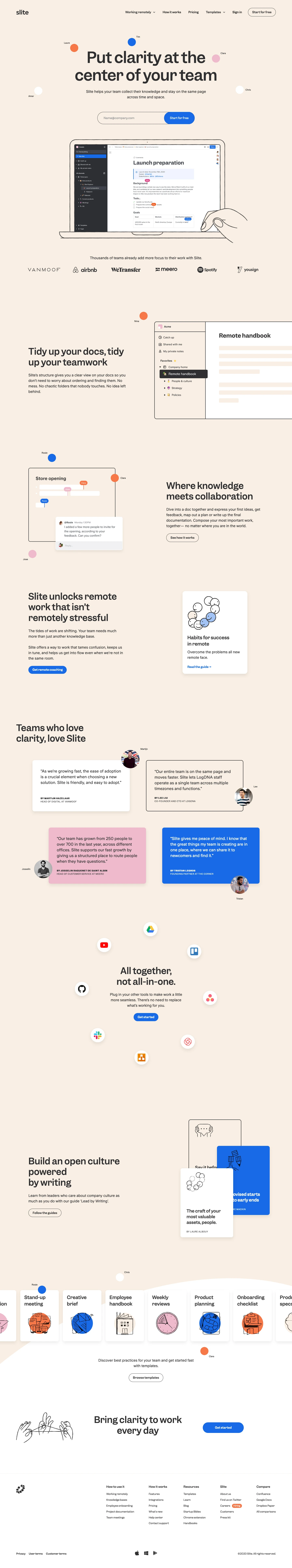 Slite Landing Page Example: Slite gives your team one place to share ideas, collect knowledge and stay in tune across time and space. Trusted by thousands of flexible and remote teams.