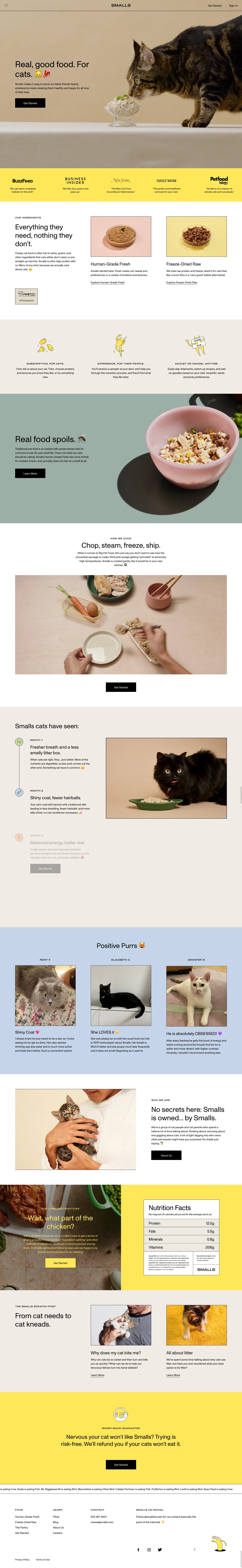 Smalls Landing Page Example: Real, good food. For cats. 🐱🥩 Smalls makes it easy to serve our feline friends hearty, wholesome meals, keeping them healthy and happy for all nine of their lives.