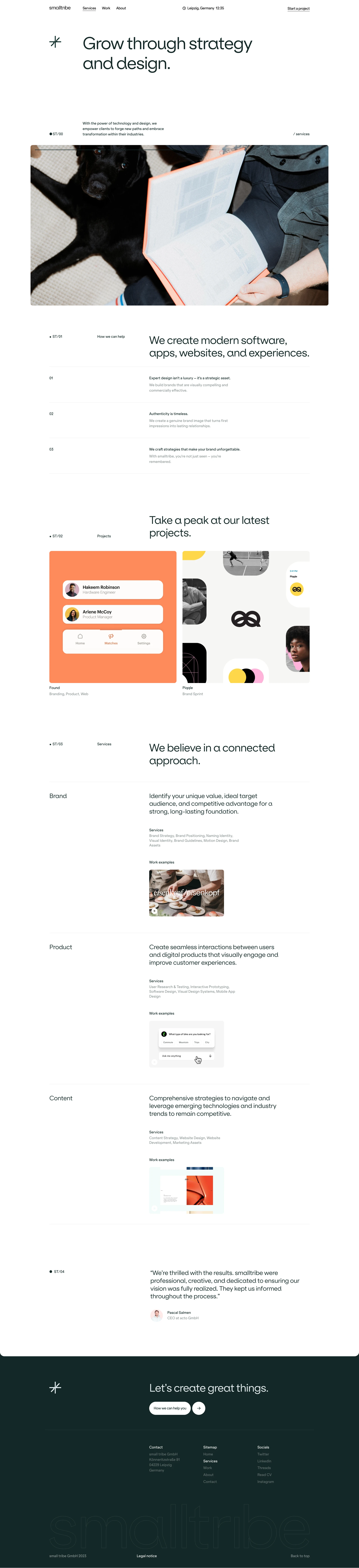 smalltribe Landing Page Example: smalltribe is a branding and digital design boutique studio that creates products, services, and experiences aimed at making this digital age a little more humane.
