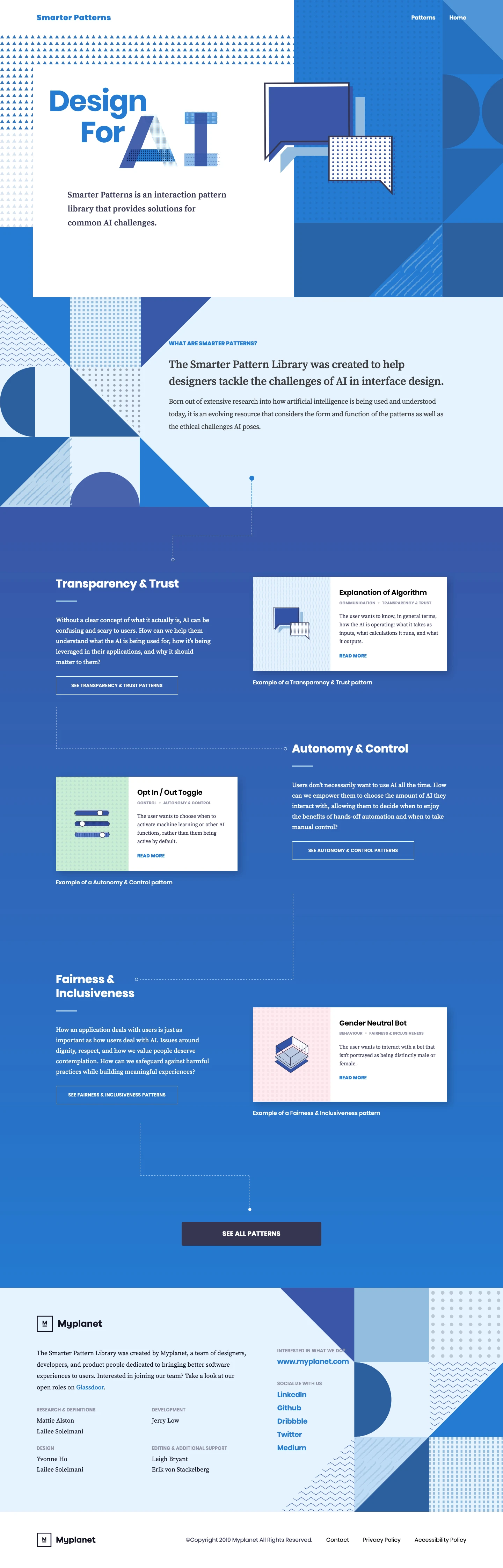 Smarter Patterns Landing Page Example: A collection of interaction patterns that provide solutions for common AI challenges.