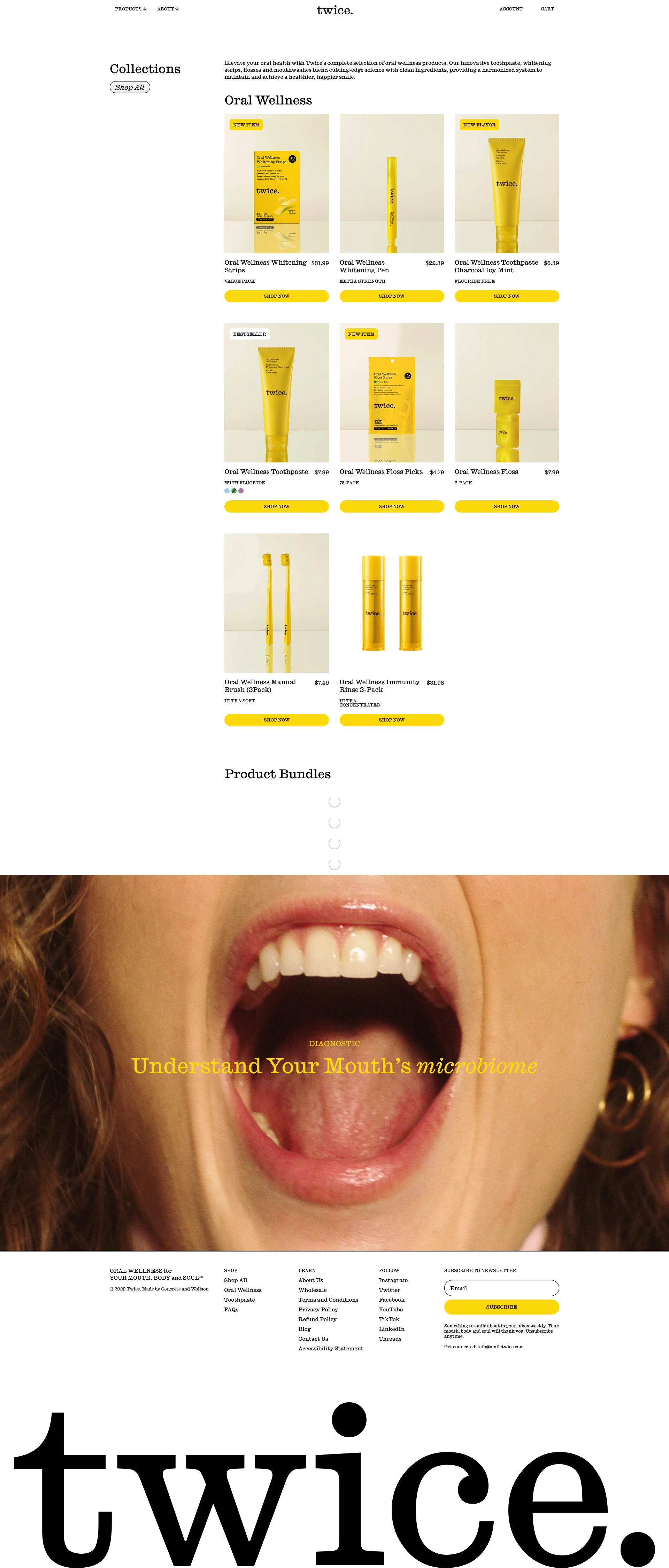 Twice Landing Page Example: Twice oral health products combine cutting-edge science and clean ingredients for better mouth body balance. Shop our toothpastes, mouthwash, and more.