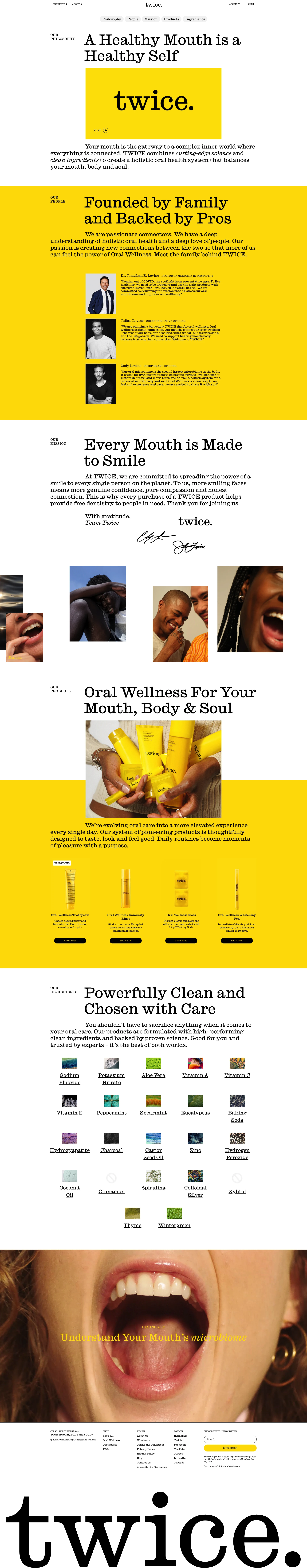 Twice Landing Page Example: Twice oral health products combine cutting-edge science and clean ingredients for better mouth body balance. Shop our toothpastes, mouthwash, and more.