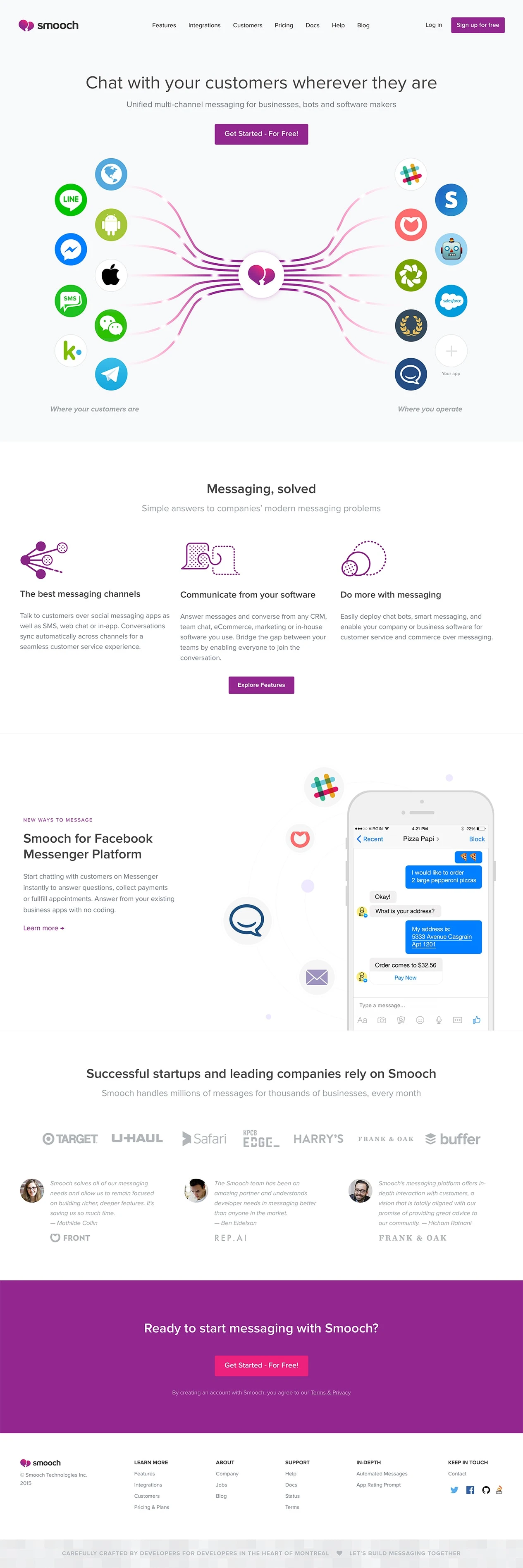 Smooch Landing Page Example: Start messaging your customers today. Everything you need to chat with customer wherever they are and grow your business