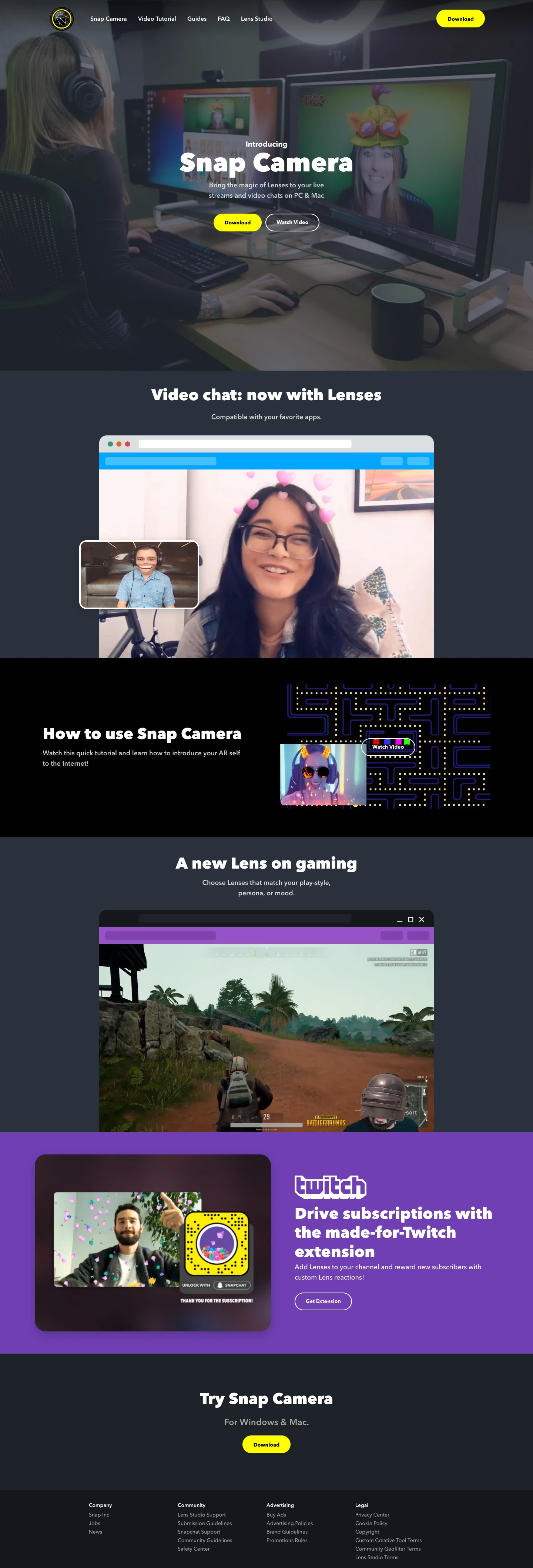 Snap Camera Landing Page Example: Bring the magic of Lenses to your live streams and video chats on PC & Mac