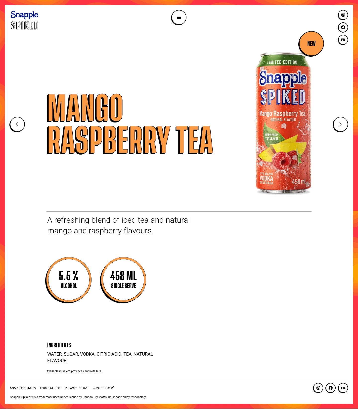 Snapple Spiked Landing Page Example: Tea & refreshing fruit flavours mixed with vodka- what more could you want?