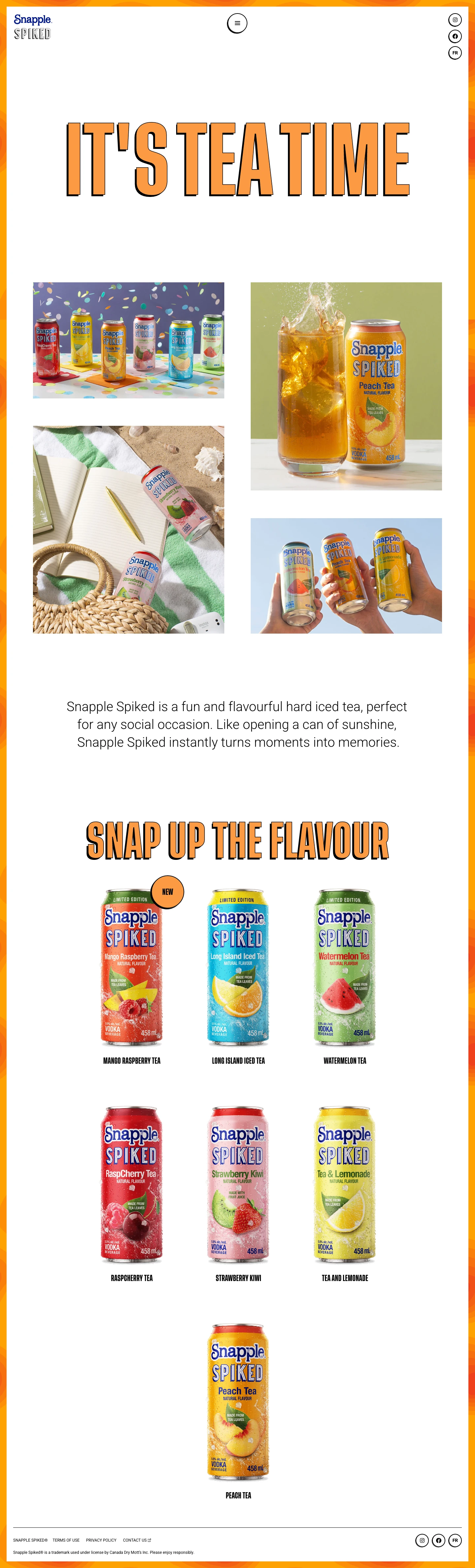 Snapple Spiked Landing Page Example: Tea & refreshing fruit flavours mixed with vodka- what more could you want?