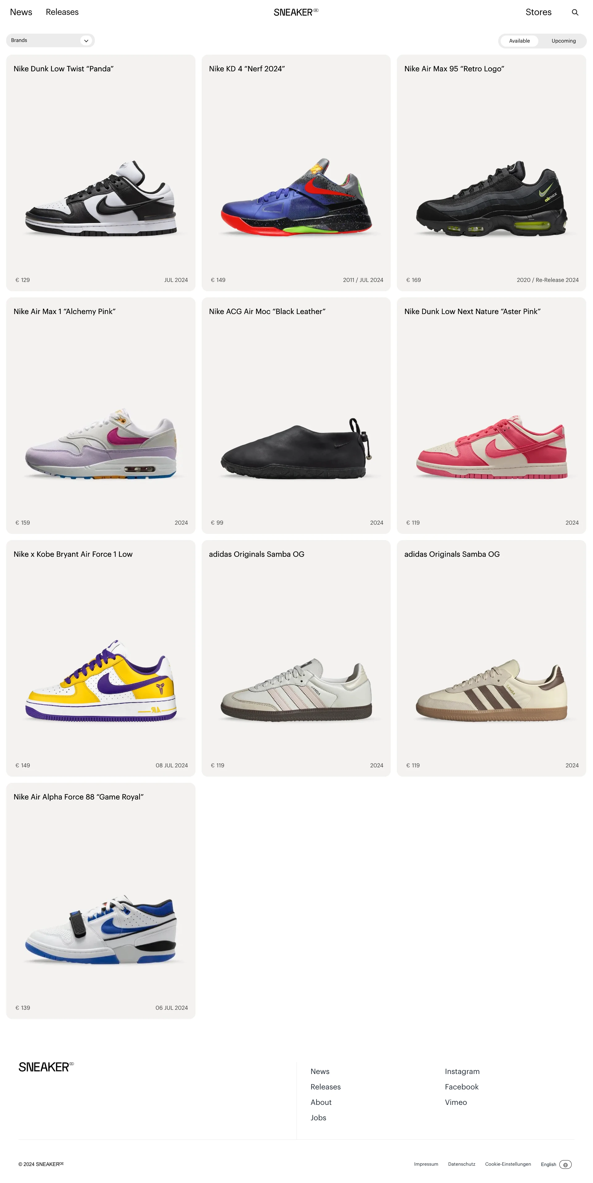 SNEAKER Landing Page Example: Release dates, stores, stories and brands. Everything from adidas & Nike to New Balance & Veja.