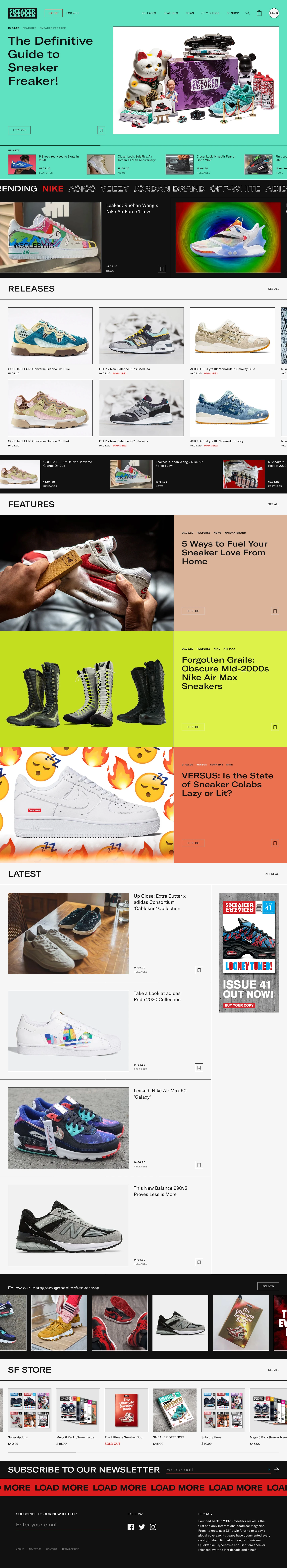 Sneaker Freaker Landing Page Example: Since 2002, Sneaker Freaker has created a legacy as the first and only international footwear magazine and the definitive resource for knowledge. Every brand