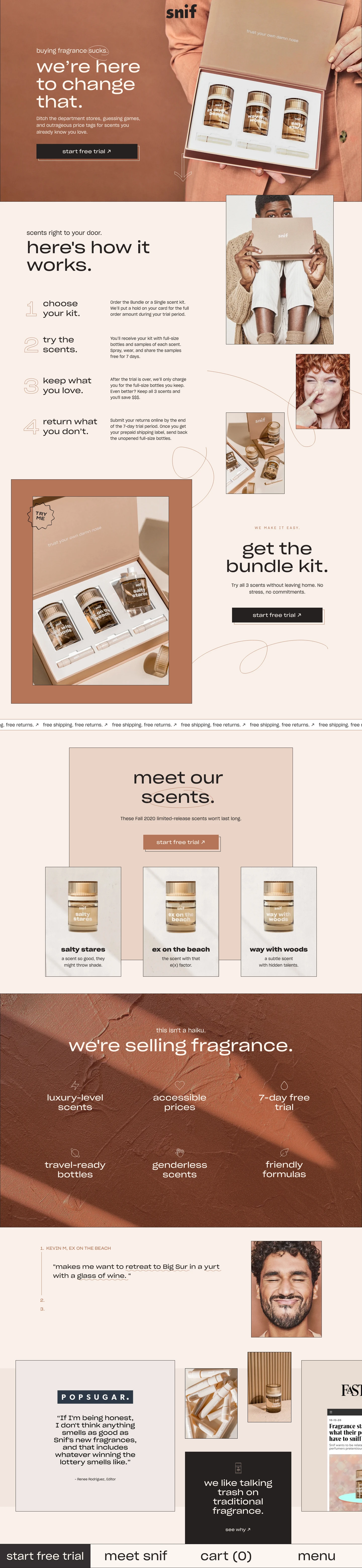 snif Landing Page Example: Buying fragrance sucks. We’re here to change that. Ditch the department stores, guessing games, and outrageous price tags for scents you already know you love.