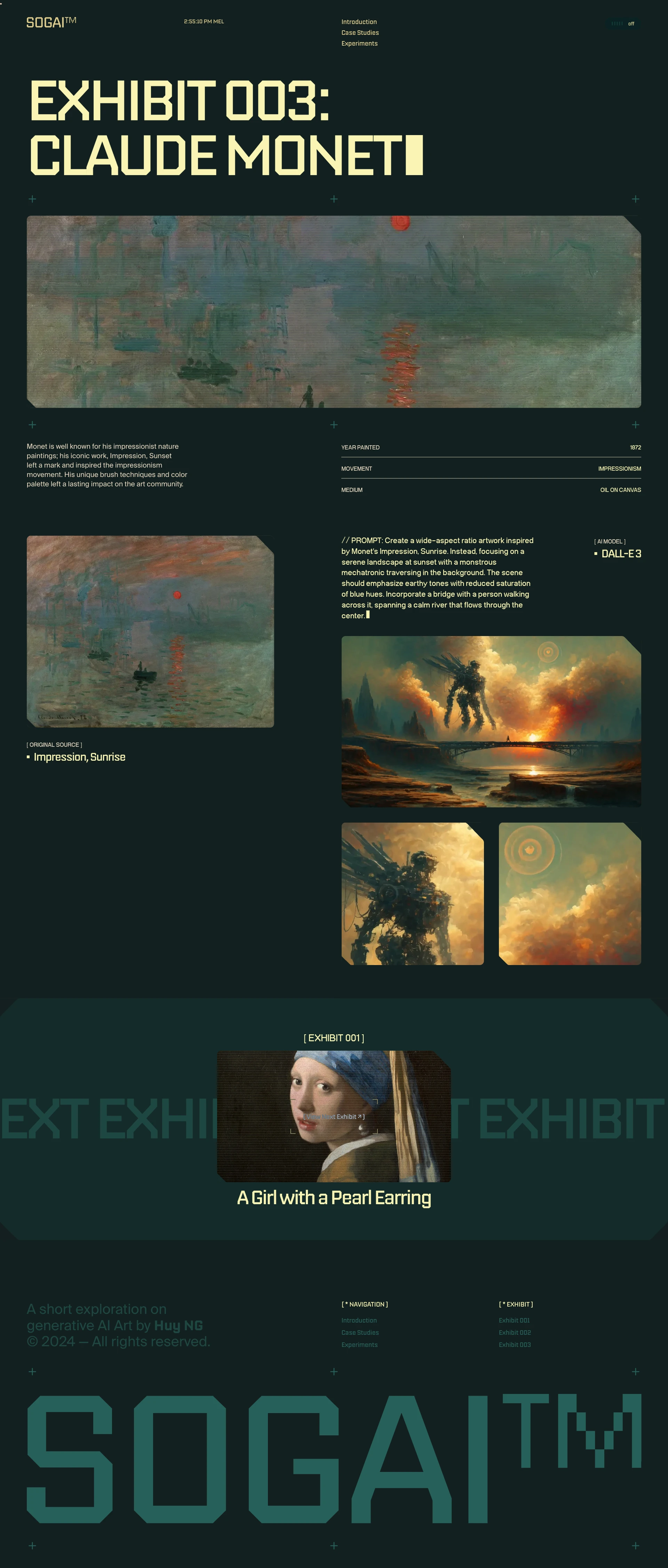 SOGAI Landing Page Example: An exploration and experiment on visual generative AI in the fine arts. Experience crafted by Huy NG, a freelance creative developer and web designer.