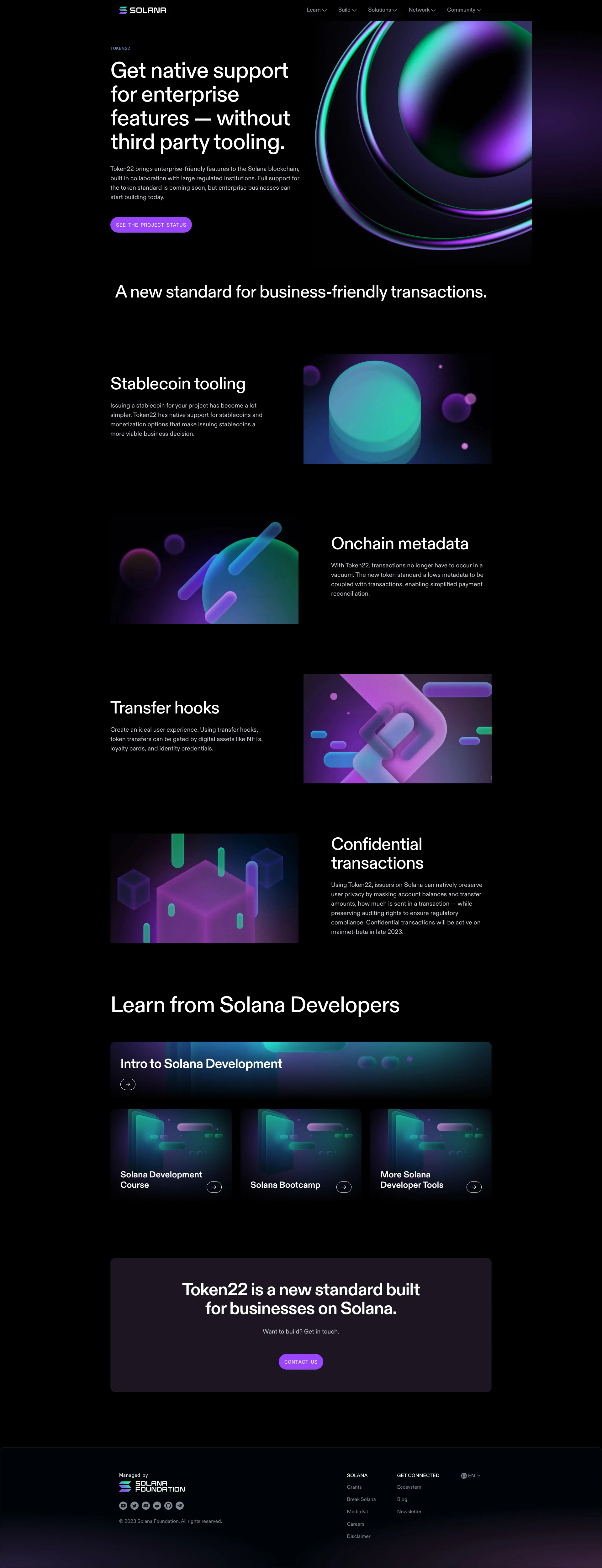 Solana Landing Page Example: Powerful for developers. Fast for everyone. Bring blockchain to the people. Solana supports experiences for power users, new consumers, and everyone in between.