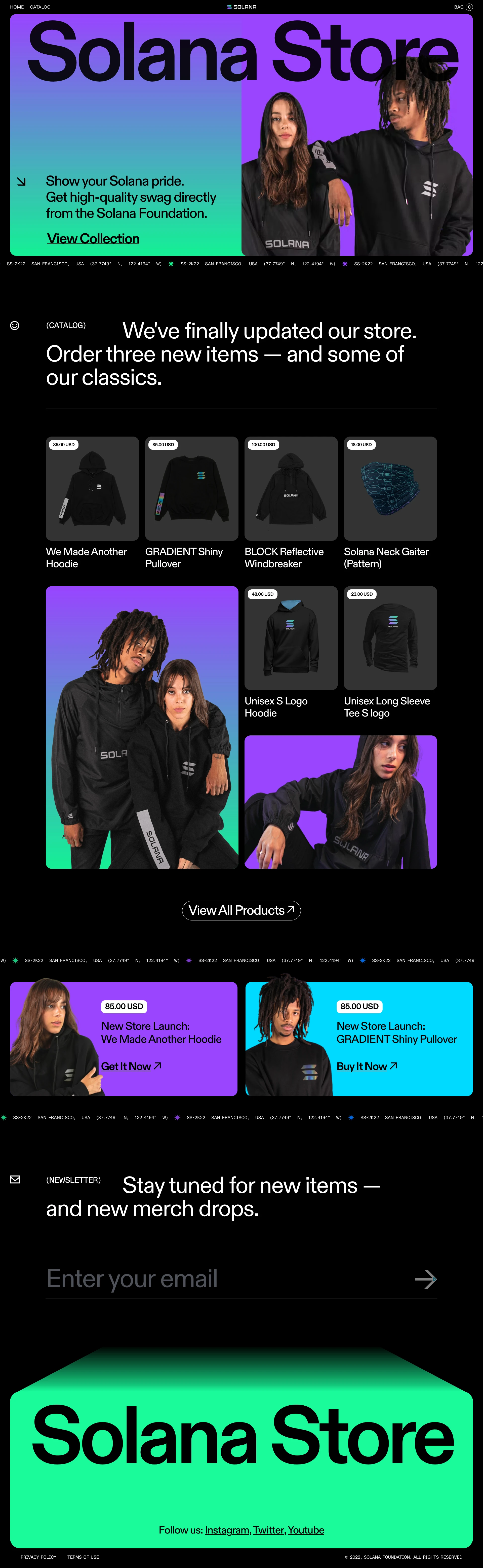 Solana Store Landing Page Example: Show your Solana pride. Get high-quality swag directly from the Solana Foundation.