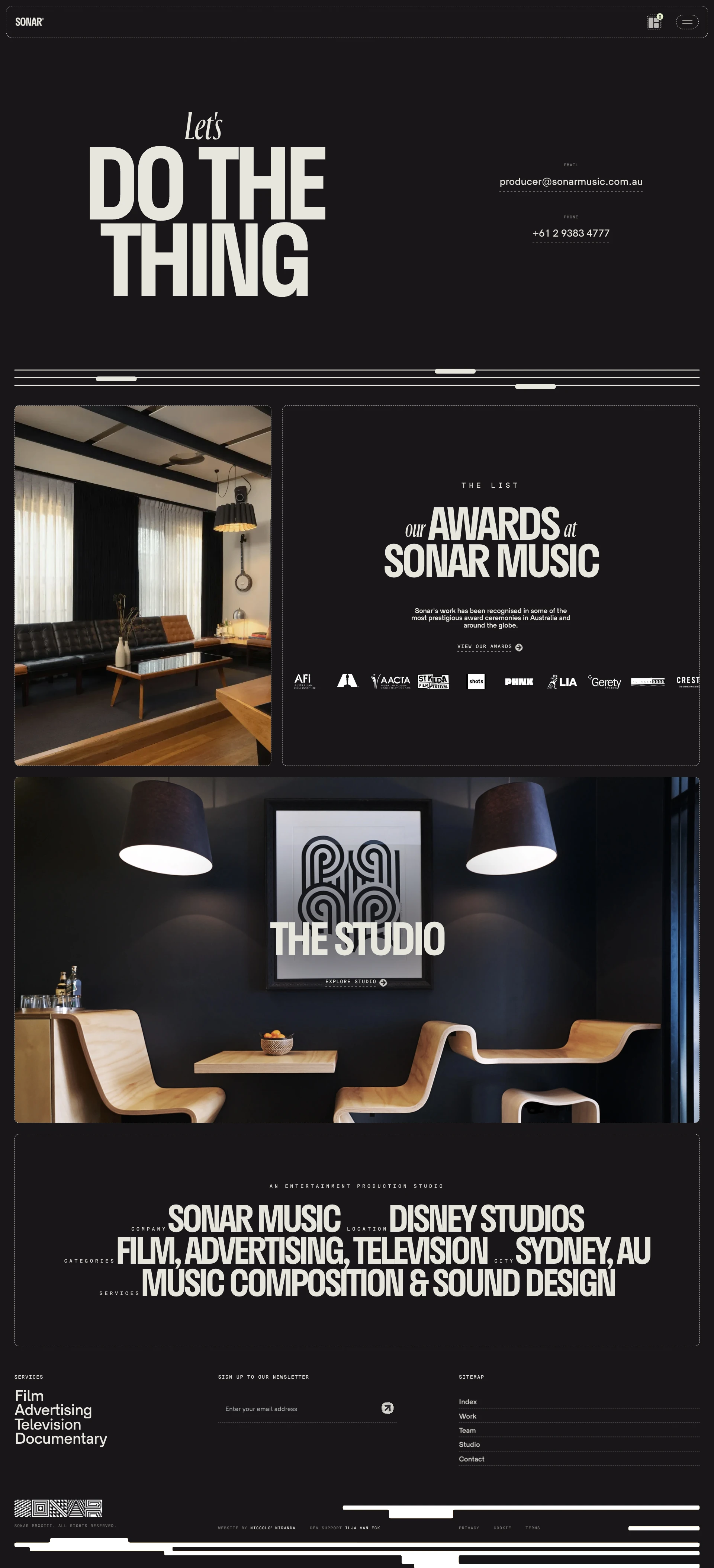 Sonar Landing Page Example: Sonar Music is a renowned music and sound studio based in Disney Studios, Australia, that houses the nation's most distinguished composers and sound designers.