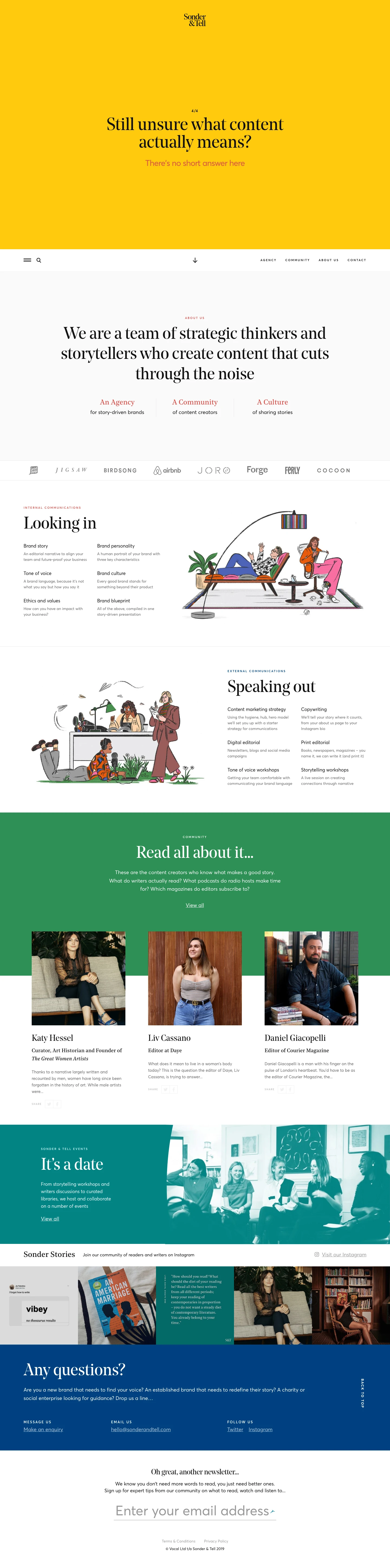 Sonder & Tell Landing Page Example: We are a team of strategic thinkers and storytellers who create content that cuts through the noise.