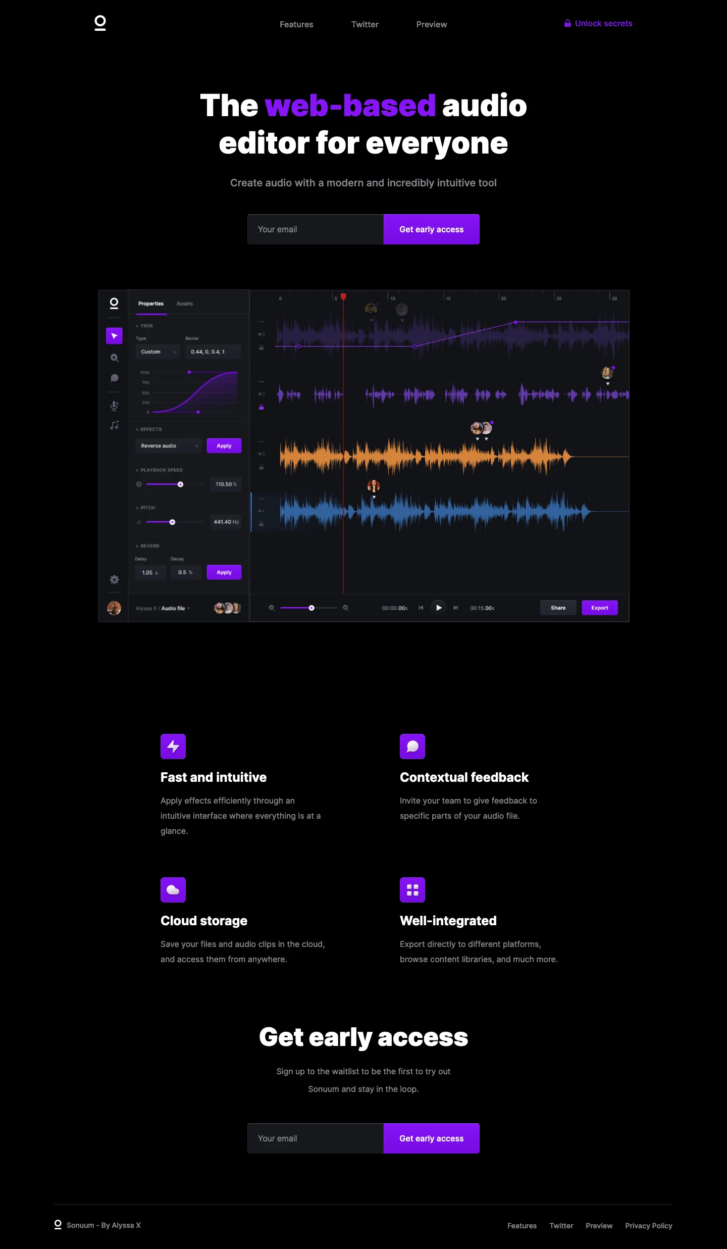 Sonuum Landing Page Example: The web-based collaborative audio editor for everyone. Multiple tracks, shared libraries, contextual feedback, and more.