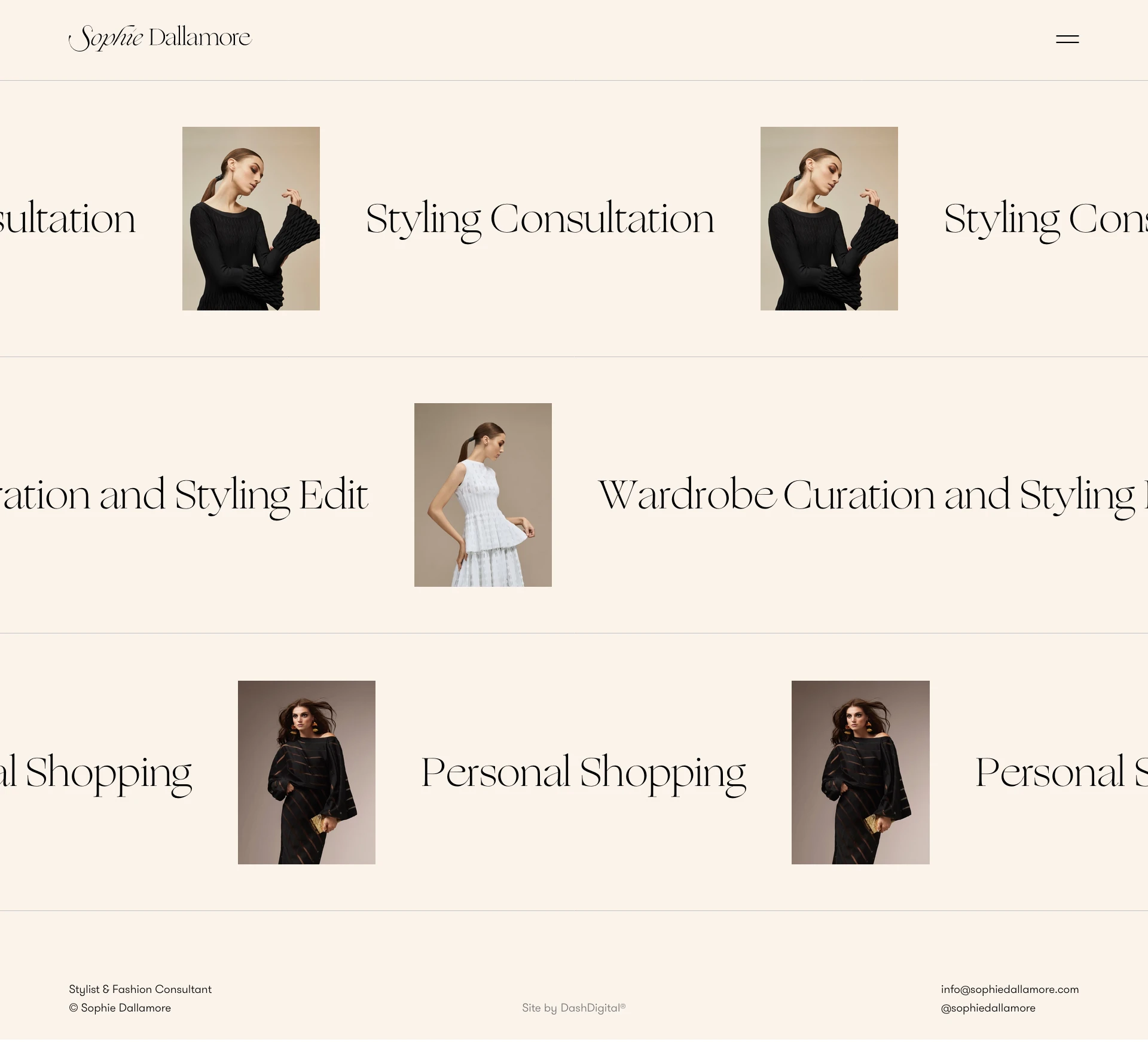 Sophie Dallamore Landing Page Example: London-based stylist & fashion consultant. Styling advice, wardrobe solutions, event dressing, shopping and gifting.