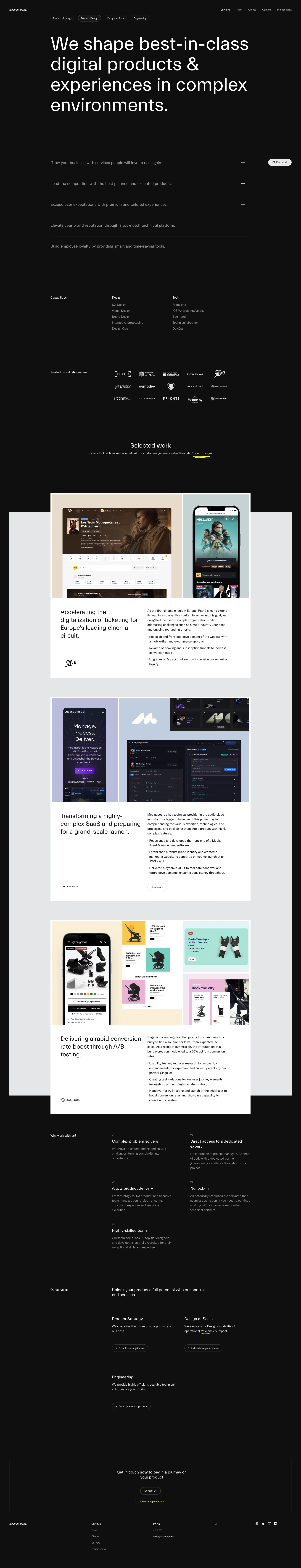 Source Landing Page Example: Source is a group of designers & technologists on a mission to make Corporate and Startups more capable through state of the art digital solutions. We drive value in complex environments by leveraging Design & Engineering.