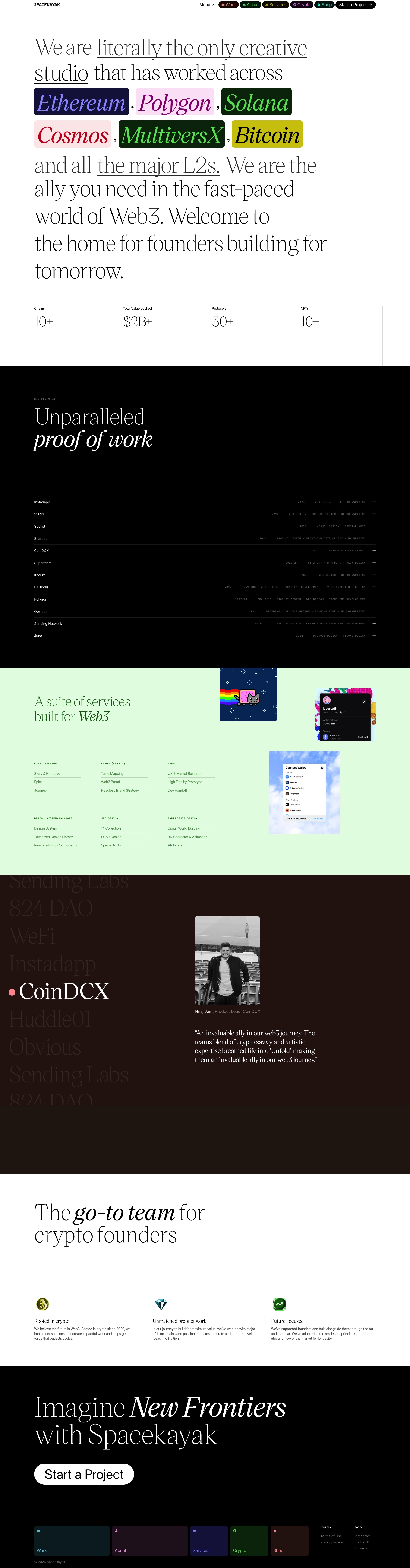 Spacekayak Landing Page Example: Creative partner for future-builders in Crypto, AI & SaaS  delivering solutions in visual branding, web design, communications, product design, and GTM readiness.