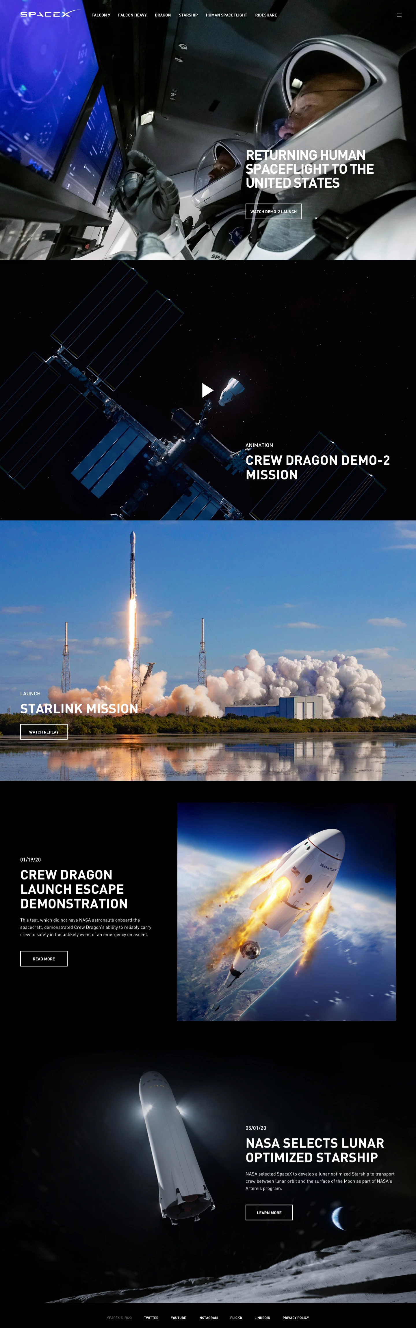 SpaceX Landing Page Example: SpaceX designs, manufactures and launches the world's most advanced rockets and spacecraft