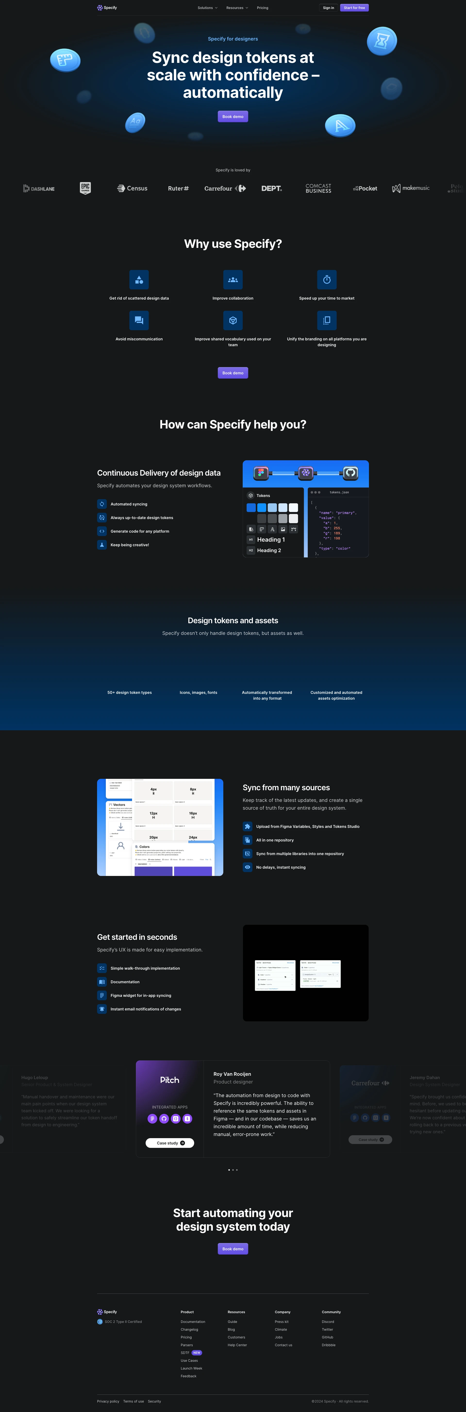 Specify Landing Page Example: Flexible and powerful, Specify makes it easy to build the exact Design Token process your Design System needs.