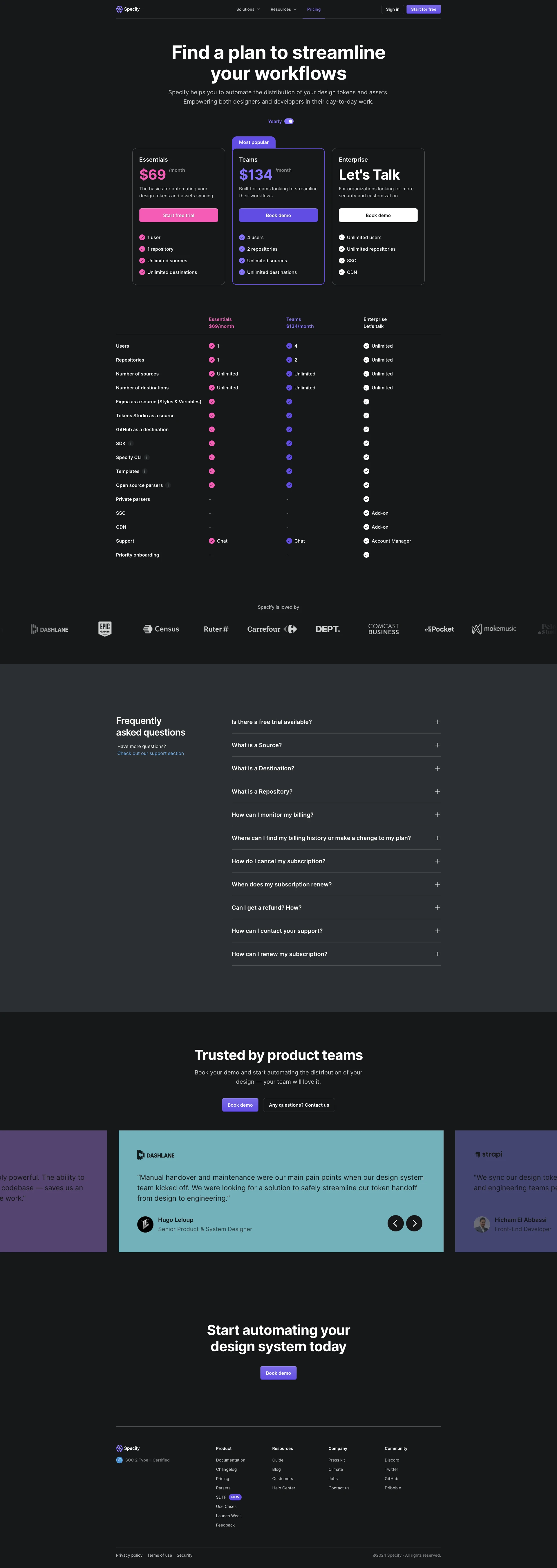 Specify Landing Page Example: Flexible and powerful, Specify makes it easy to build the exact Design Token process your Design System needs.