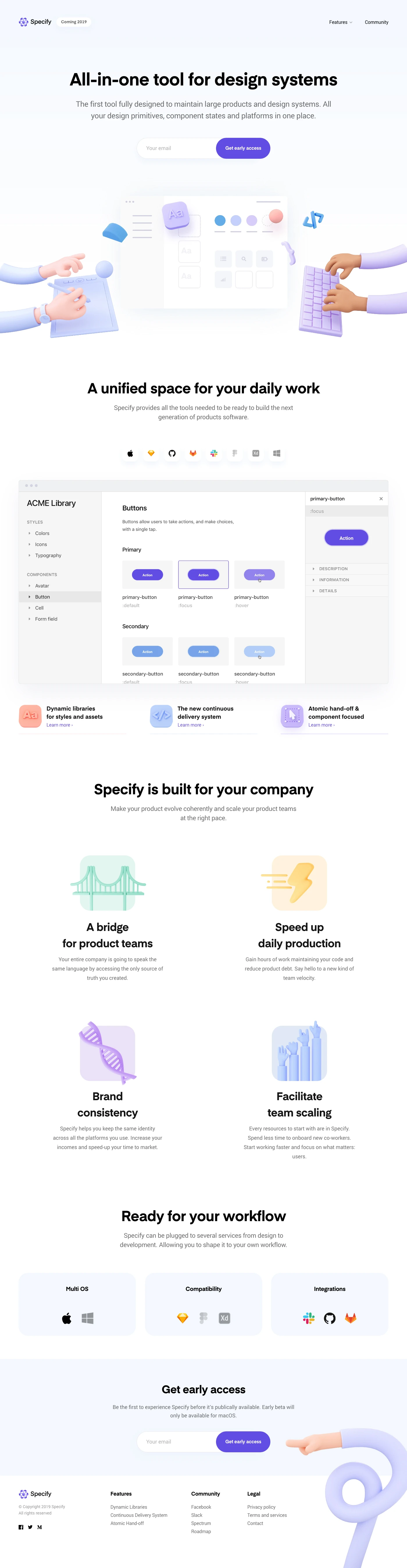 Specify Landing Page Example: Specify is a tool to create, scale and maintain a design system. Meet the ultimate bridge for digital product teams.