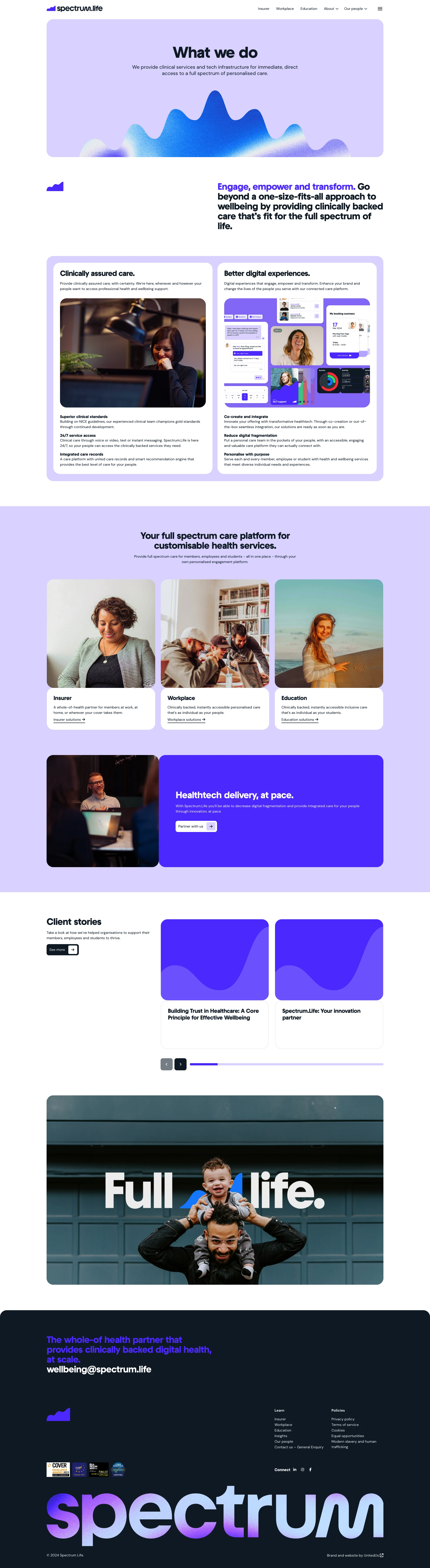Spectrum.Life Landing Page Example: Spectrum.Life is a healthtech partner supporting insurers, workplaces and educators with full spectrum digital health, mental health and wellbeing.
