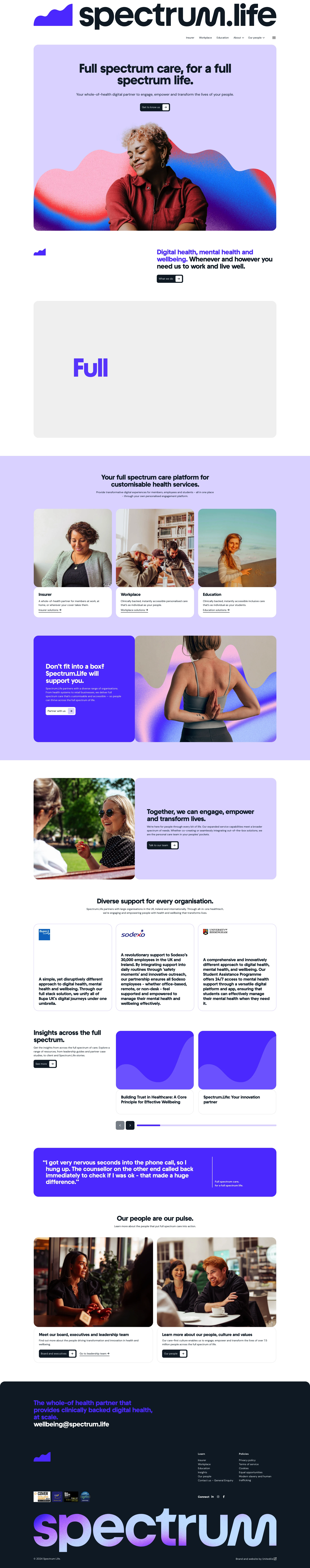 Spectrum.Life Landing Page Example: Spectrum.Life is a healthtech partner supporting insurers, workplaces and educators with full spectrum digital health, mental health and wellbeing.