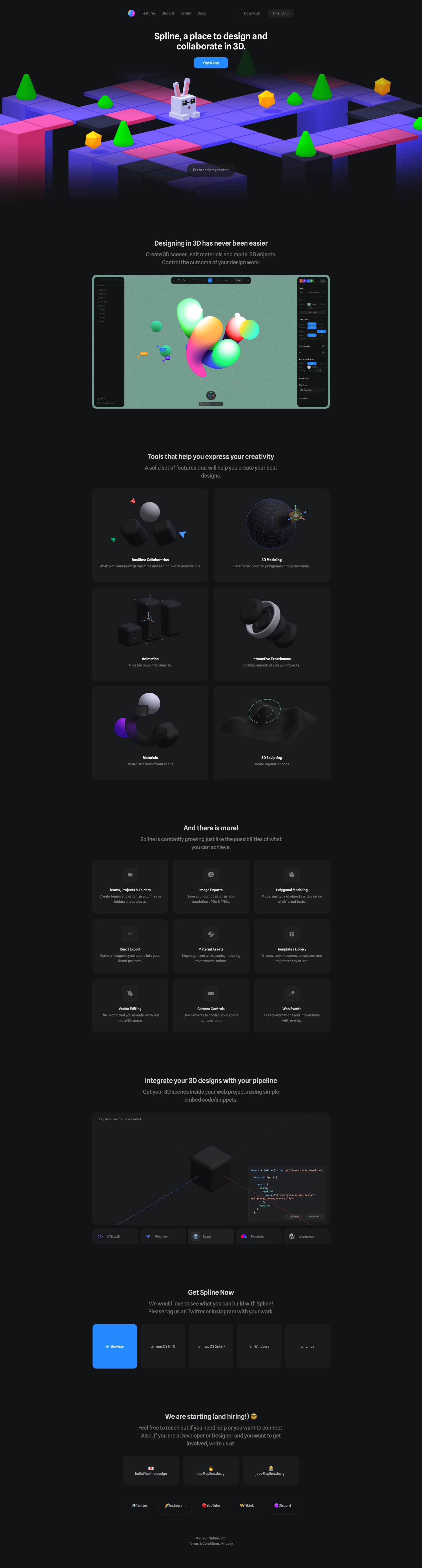 Spline Landing Page Example: Design tool for 3D web experiences. Designing in 3D has never been easier. Create 3D scenes, edit materials and model 3D objects. Control the outcome of your design work.