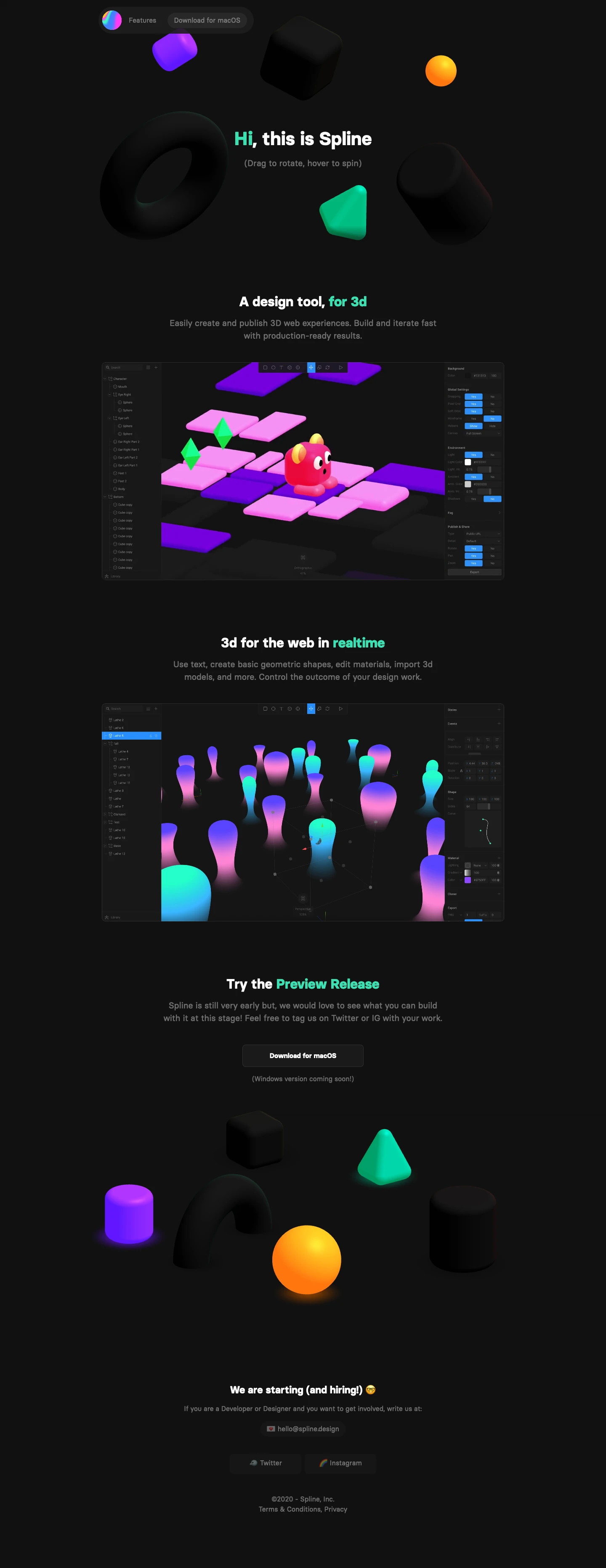 Spline Landing Page Example: A design tool, for 3D. Easily create and publish 3D web experiences. Build and iterate fast with production-ready results.