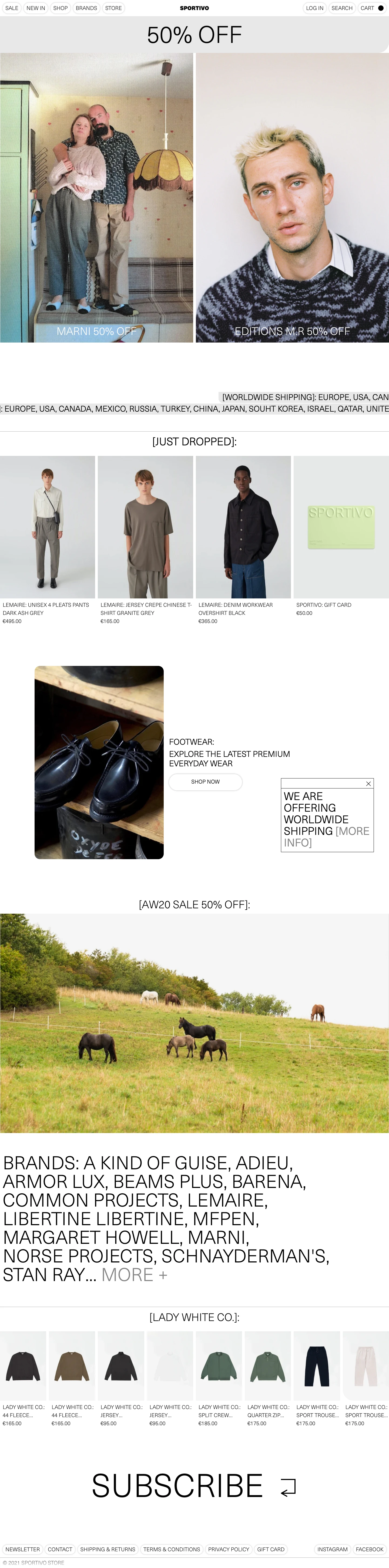 SPORTIVO STORE Landing Page Example: Premium casual and sportswear. Brands: A Kind of Guise, Adieu, Armor Lux, Aspesi, Barena, Dr. Bronner's, Dreamland Syndicate, Études, Good News, Jeanerica, Lemaire, Libertine Libertine, MFPEN, Margaret Howell, Marni, Modest+Humble, Norse Projects, Paraboot, Patagonia, PHIPPS International, Schnayderman's, Spring Court.