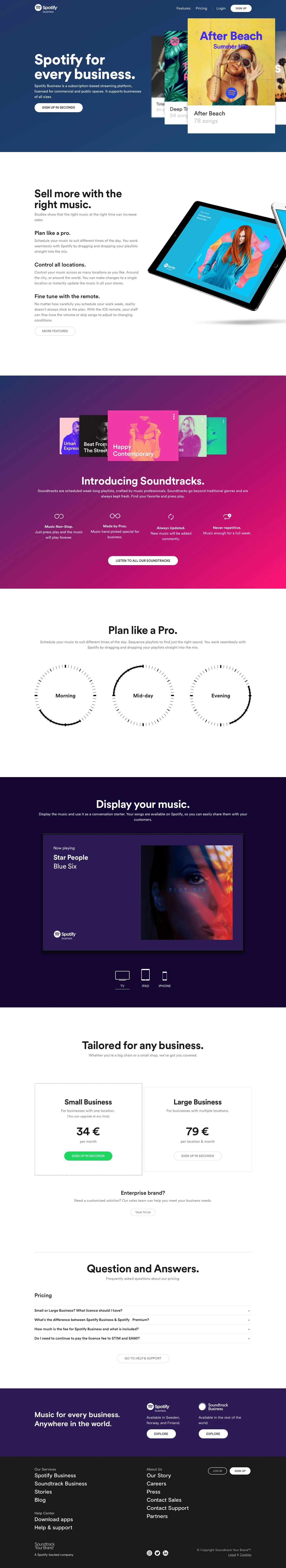 Spotify Business Landing Page Example: Spotify Business is a subscription-based streaming platform, licensed for commercial and public spaces. It supports businesses of all sizes.