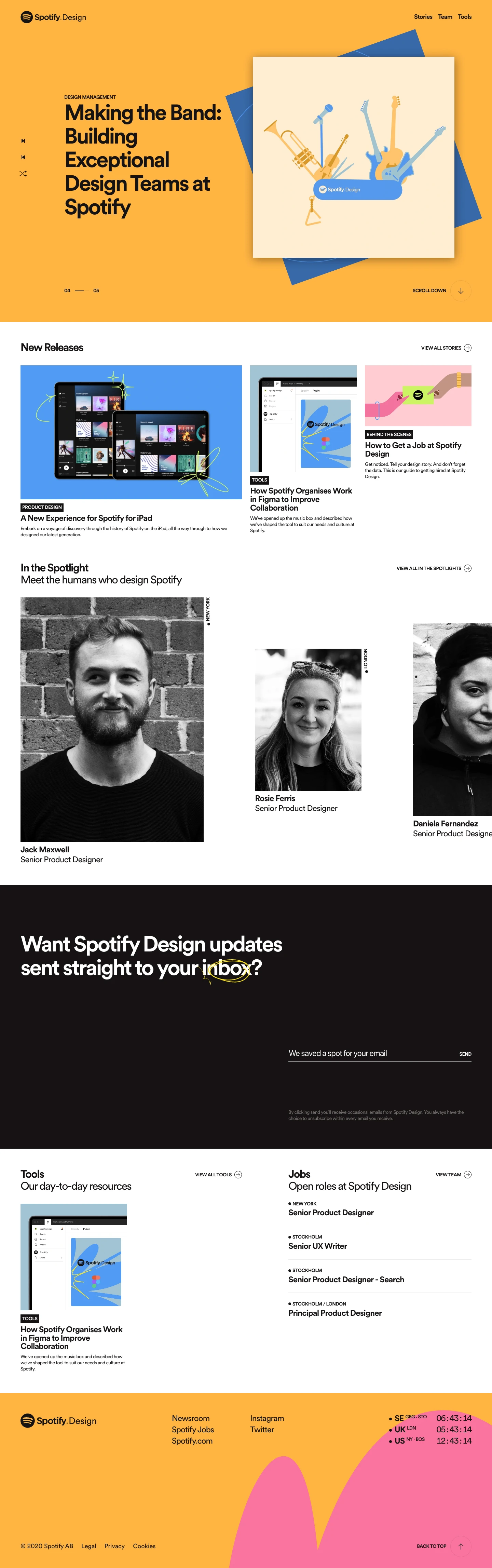 Spotify Design Landing Page Example: Spotify Design are a cross-disciplinary product design community. We love to create great experiences and make meaningful connections between listeners and creators. Here is where we share what we do and how we do it.