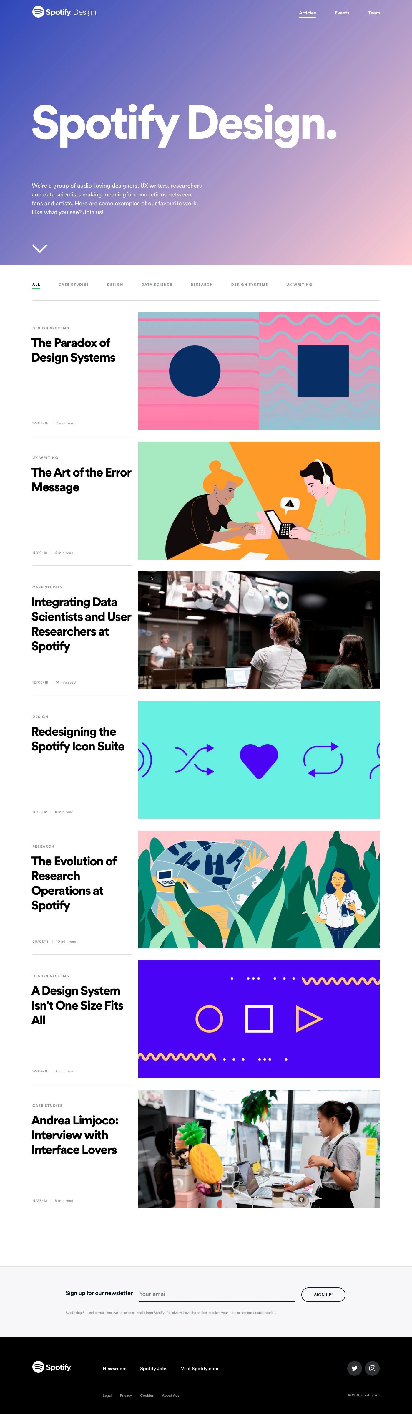 Spotify Design Landing Page Example: We’re a group of audio-loving designers, UX writers, researchers and data scientists making meaningful connections between fans and artists.