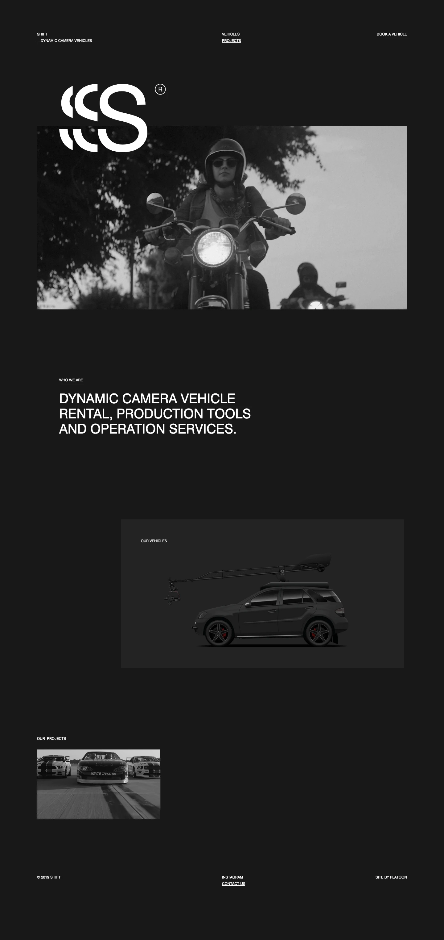 Shift Landing Page Example: Dynamic camera vehicle Rental, production toolS and operation services.