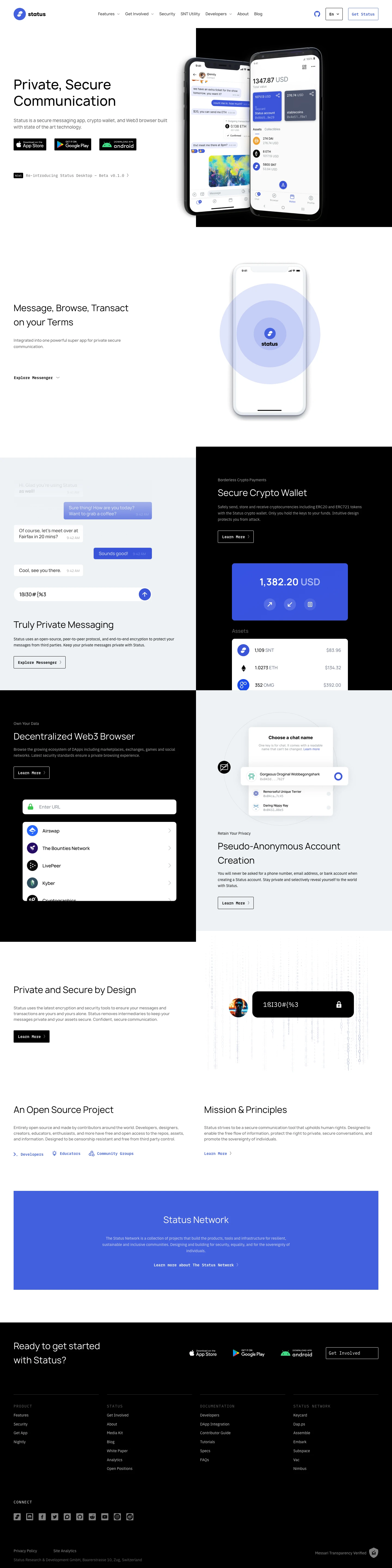 Status Landing Page Example: Status brings the power of Ethereum into your pocket by combining a messenger, crypto-wallet, and Web3 browser.